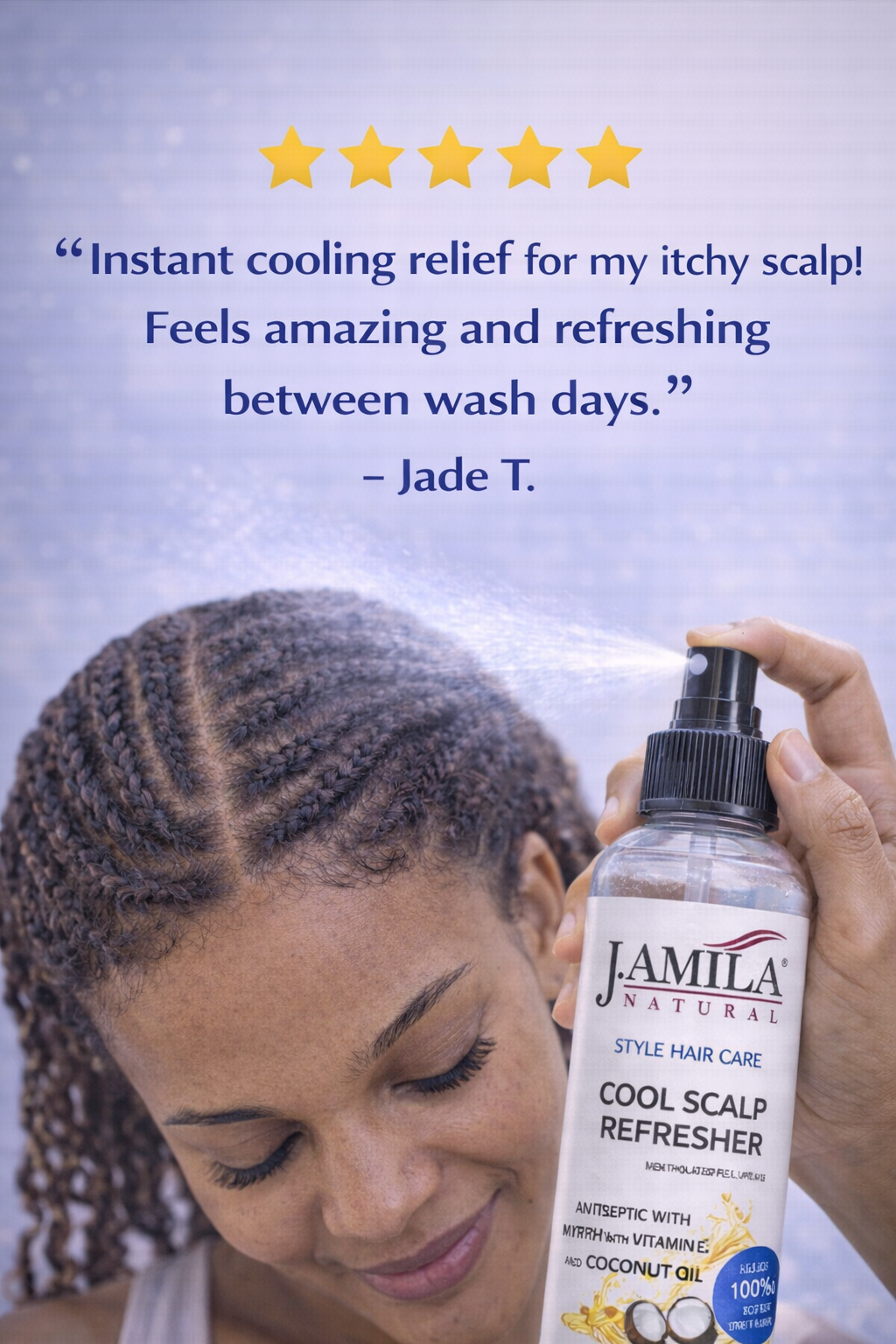 J. AMILA Natural Cool Scalp Refresher with Menthol, Myrrh, Vitamin E & Coconut Oil – Cooling Scalp Spray for Braids, Wigs, Natural & Synthetic Hair (8 oz)