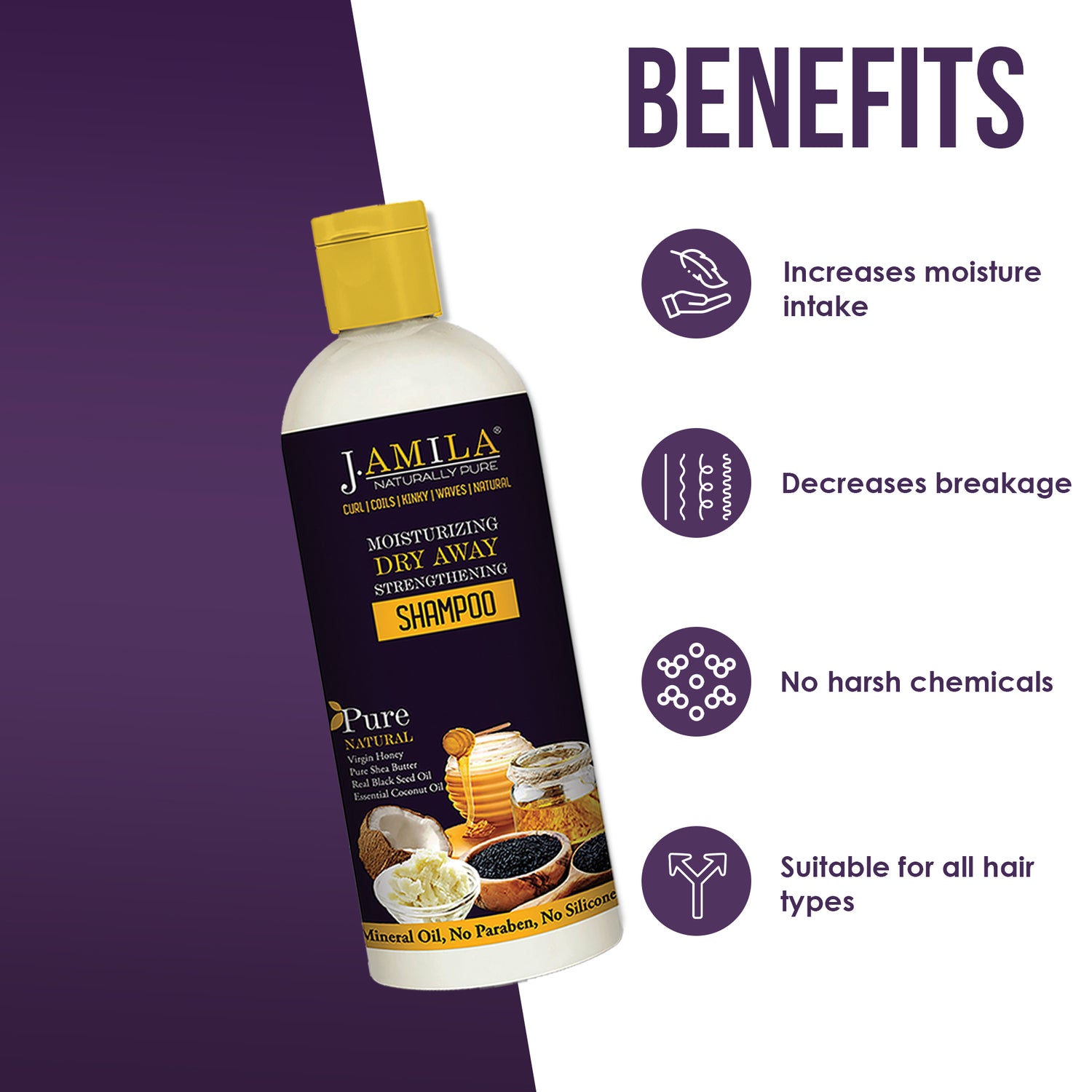 J. AMILA Naturally Hair Care Pure Moisturizing Dry Away Strengthening Shampoo Deeply Moistrizes And Hydrates With Coconut & Black Seed Oil For All Hair Types (12 oz)
