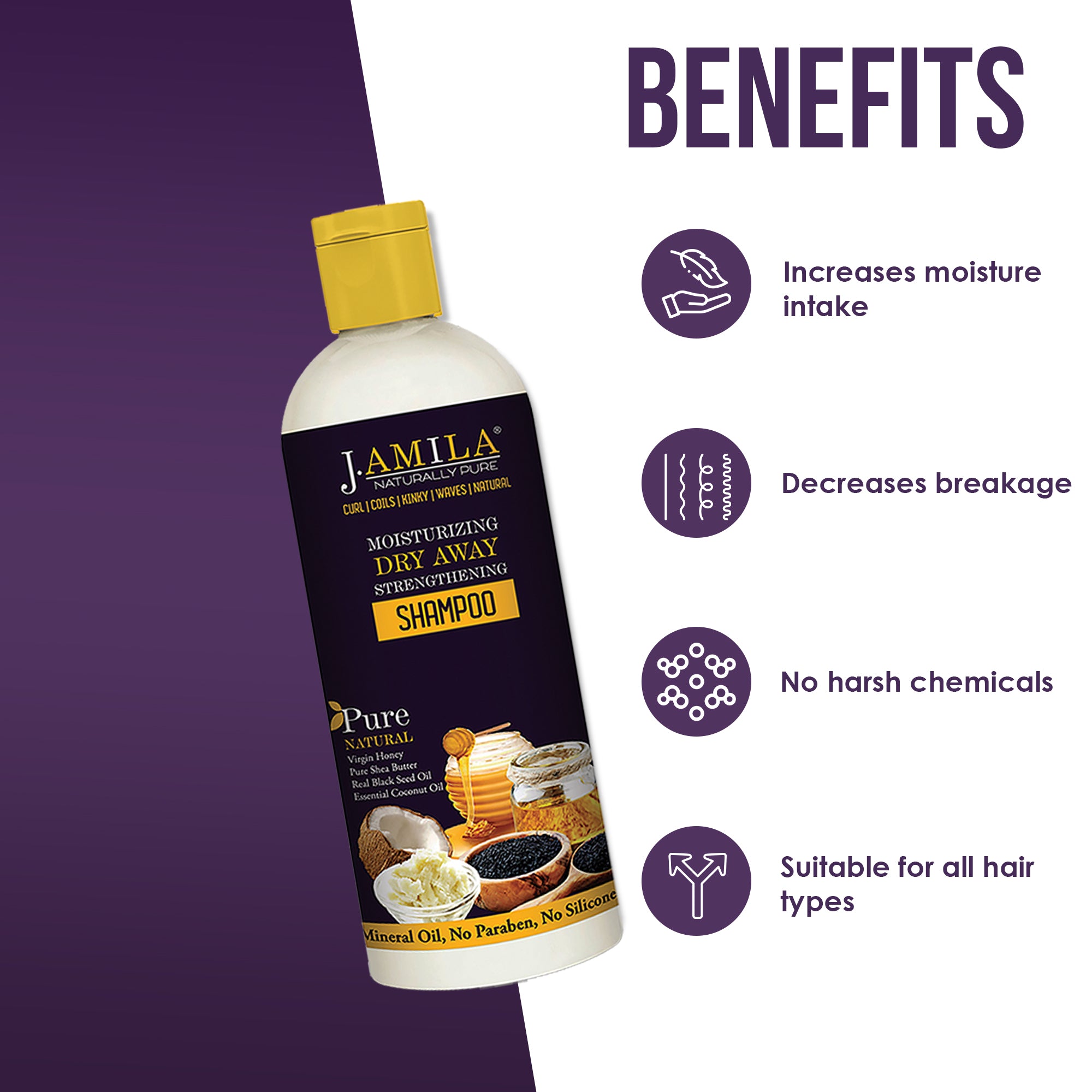 J. AMILA Naturally Hair Care Pure Moisturizing Dry Away Strengthening Shampoo Deeply Moistrizes And Hydrates With Coconut & Black Seed Oil For All Hair Types (12 oz)