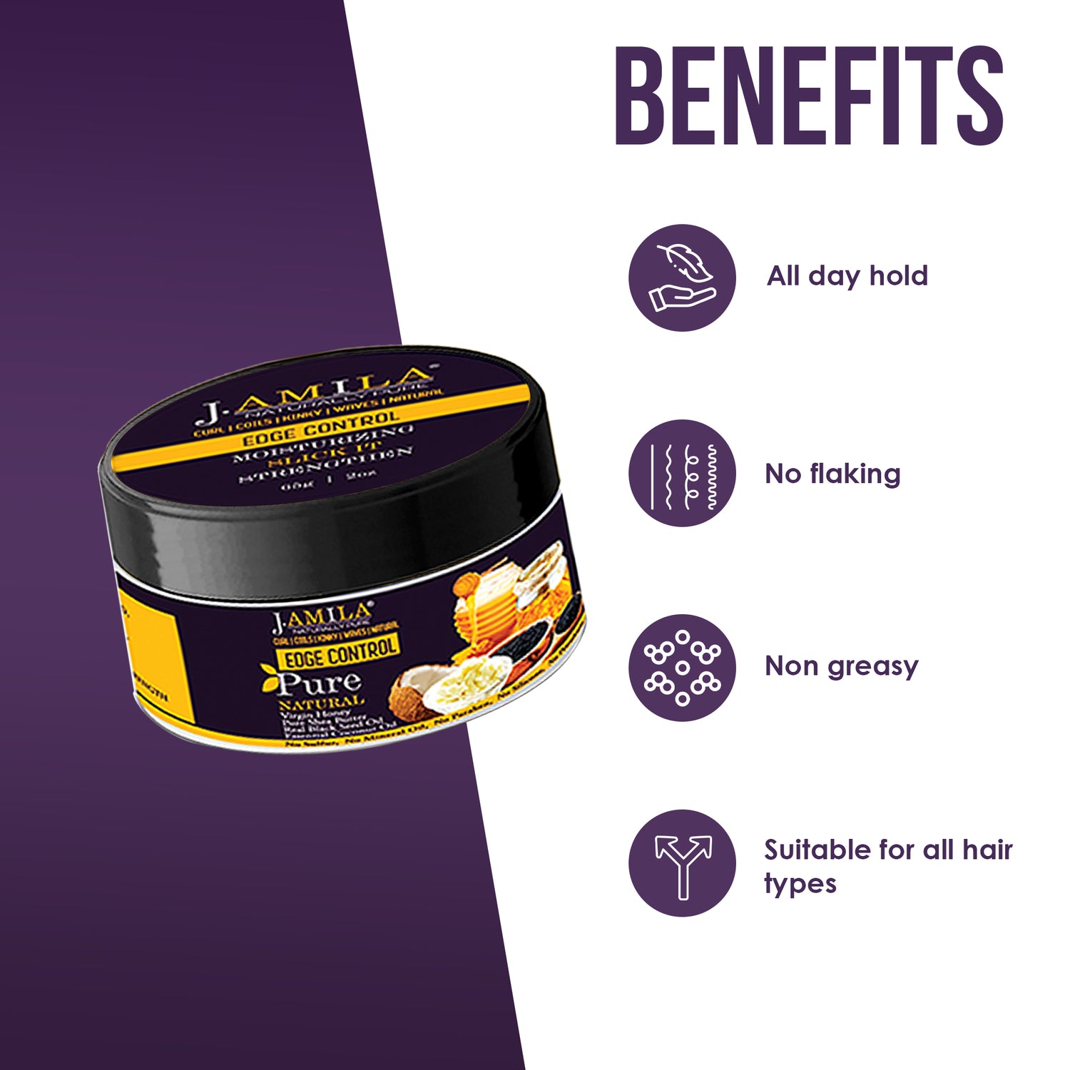 J. Amila Naturally pure Hair Care Edge Control Slick It Strengthen, Flake Free, Edge Control Hair Wax For All Hair Types 4 oz
