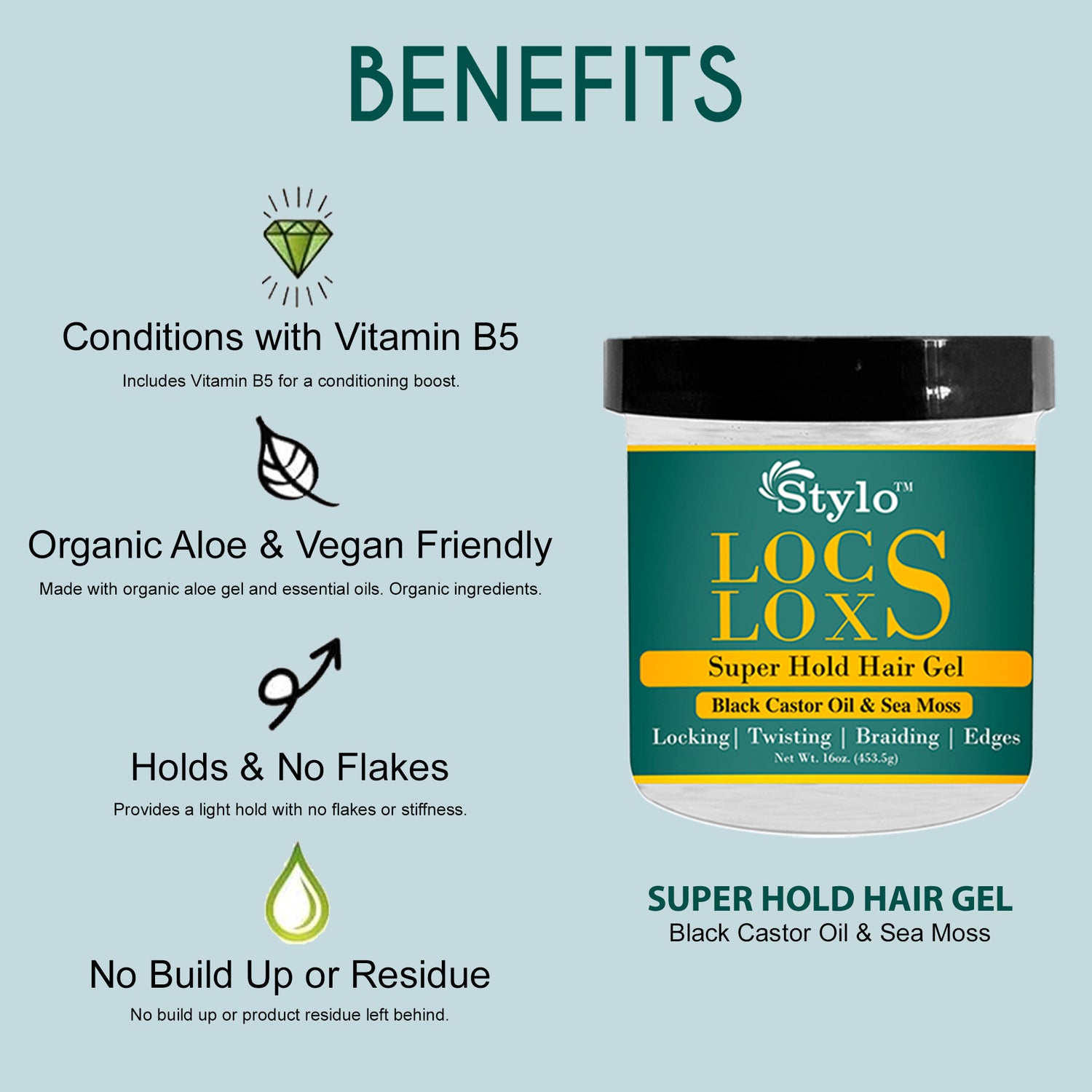 Stylo Locs Loxs Super Hold Hair Gel  Black Castor Oil & Sea Moss (16oz)