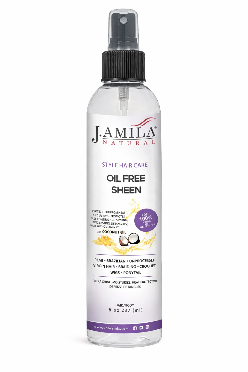 J. AMILA Natural Oil Free Sheen Spray with Vitamin E & Coconut Oil – Lightweight Shine, Heat & UV Protection for Wigs, Braids & Natural Hair 8 oz 237 ml
