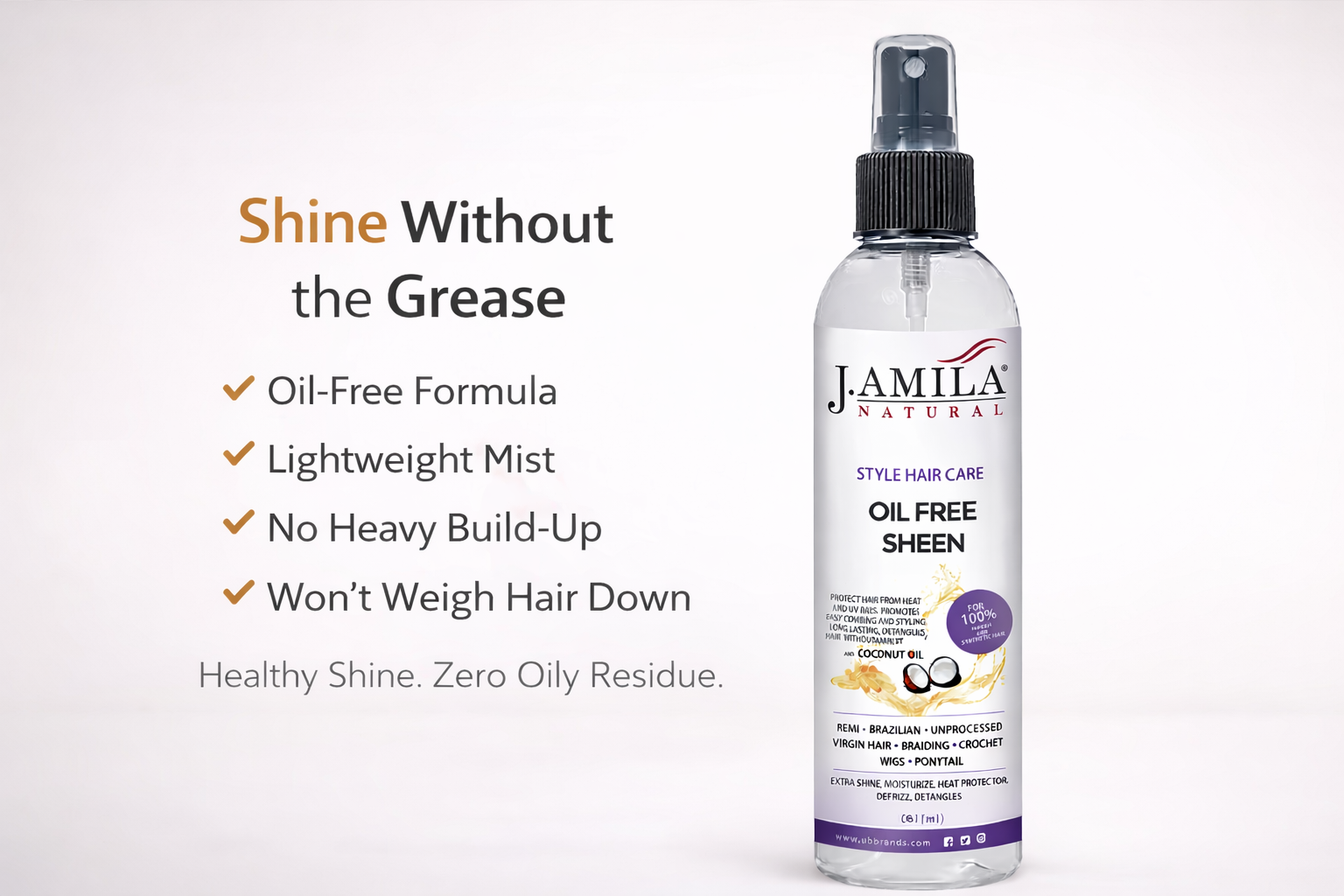 J. AMILA Natural Oil Free Sheen Spray with Vitamin E & Coconut Oil – Lightweight Shine, Heat & UV Protection for Wigs, Braids & Natural Hair 8 oz 237 ml