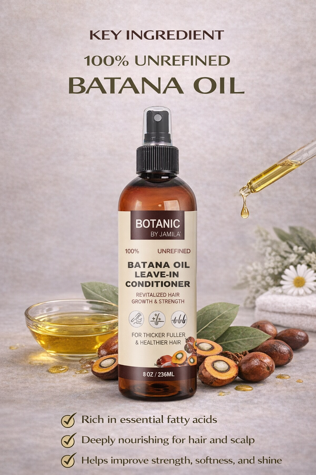 Botanic by J.Amila 100% Unrefined Batana Oil Leave-In Conditioner – Lightweight Moisture & Strength Spray 8 oz