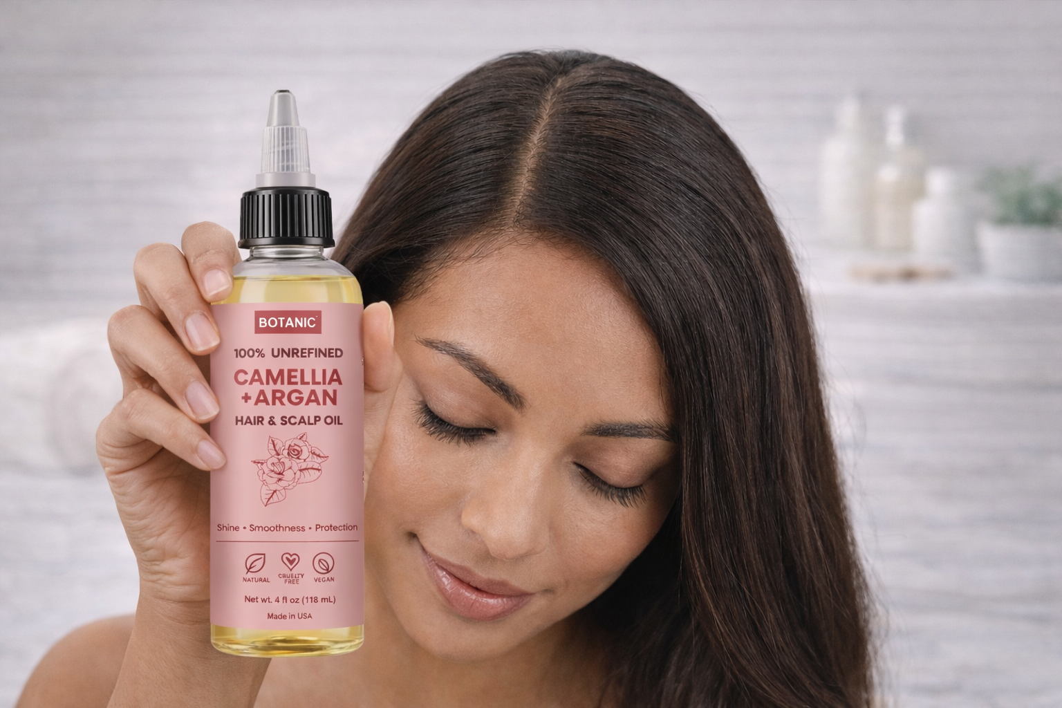 100% Unrefined Camellia + Argan Hair & Scalp Oil – Shine, Smoothness & Protection | Vegan, Cruelty-Free 4 fl oz (118 mL)