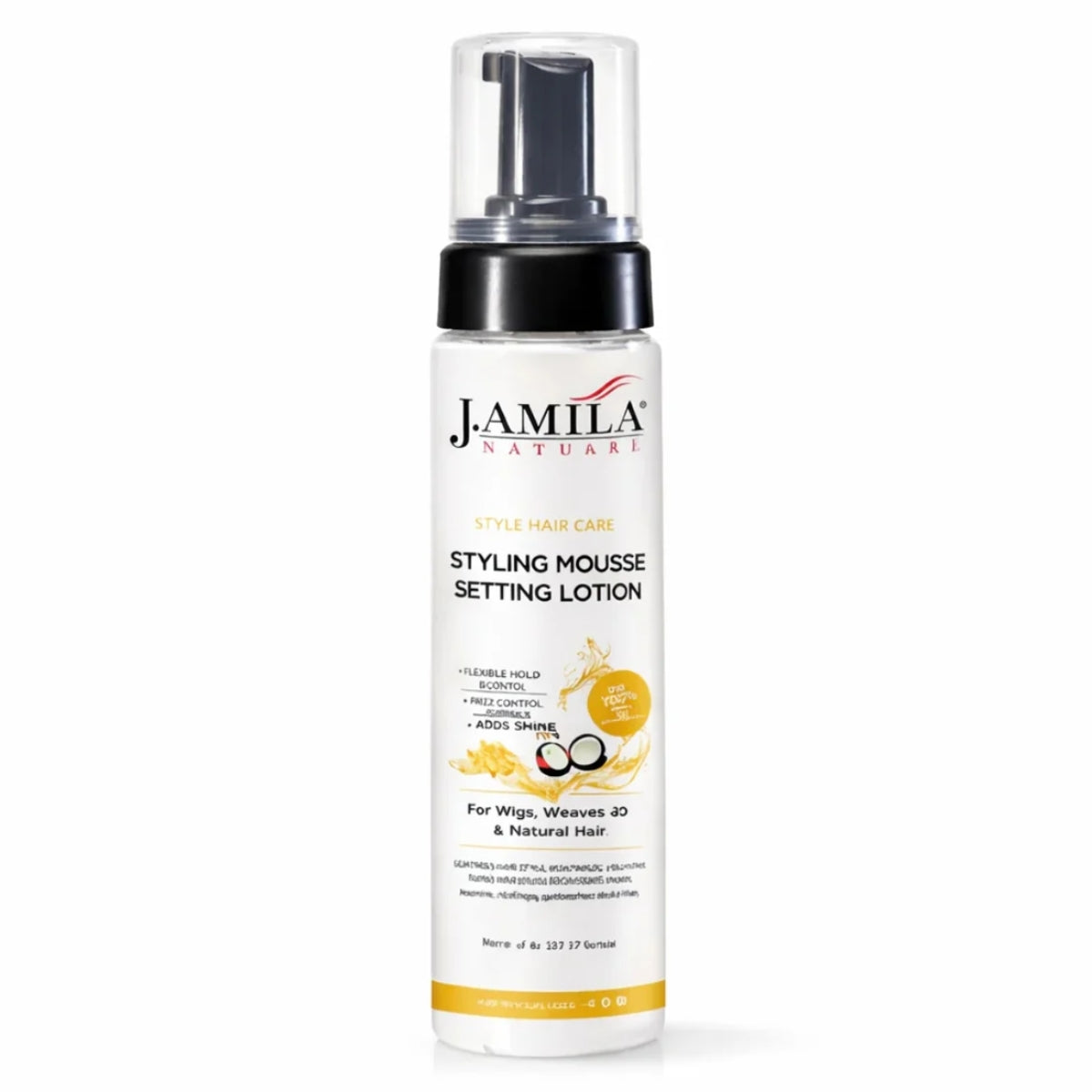 J. Amila Natural Styling Mousse Setting Lotion with Coconut Oil – Flexible Hold, Frizz Control & Shine – For Wigs, Weaves & Natural Hair (8oz)