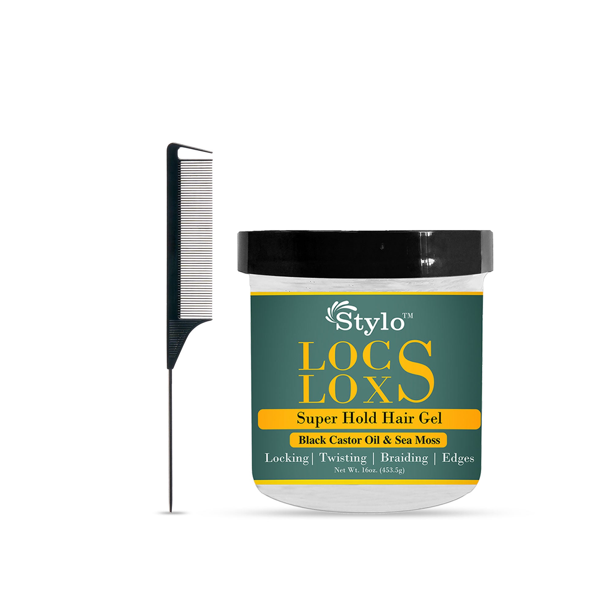 STYLO™ Locs Loxs Super Hold Hair Gel Black Castor Oil & Sea Moss with Free Comb 16oz