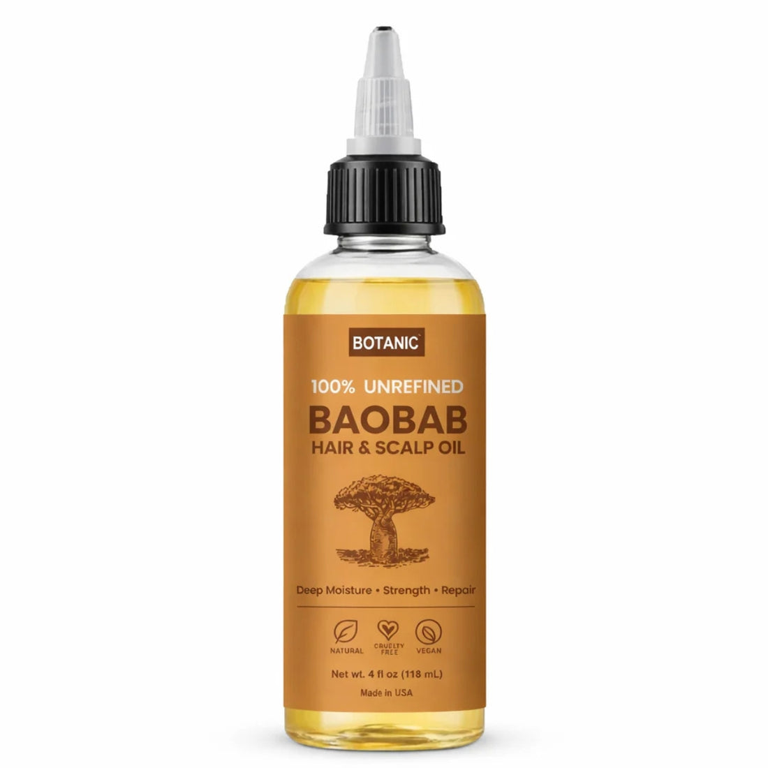 100% Unrefined Baobab Hair & Scalp Oil – Deep Moisture, Strength & Repair | Vegan, Cruelty-Free 4 fl oz (118 mL)