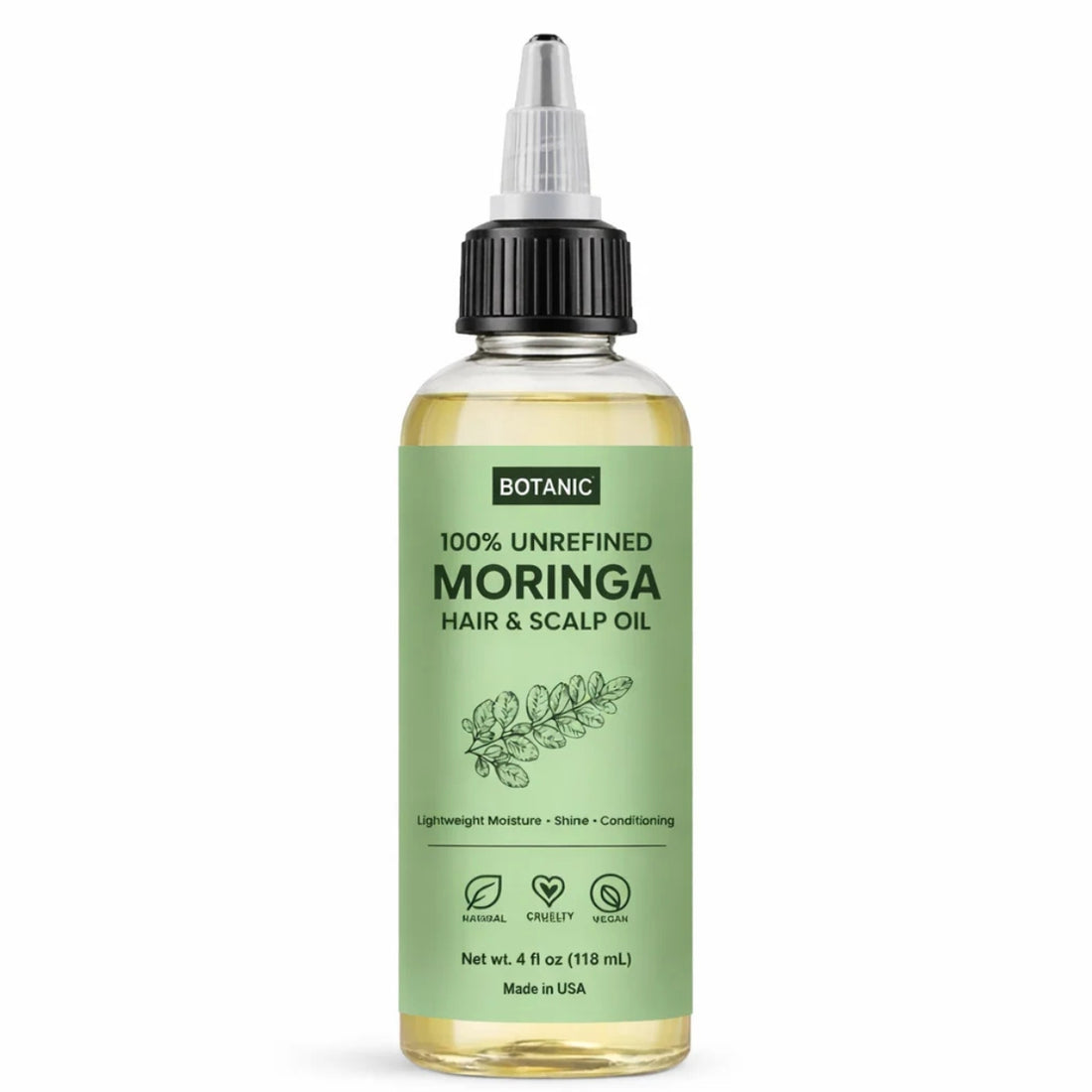 100% Unrefined Moringa Hair & Scalp Oil Lightweight Moisture, Shine & Conditioning | Vegan, Cruelty-Free 4 fl oz (118 mL)
