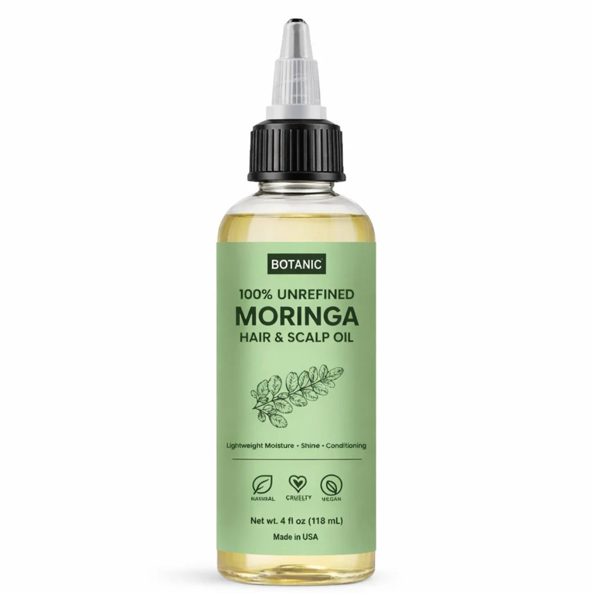 100% Unrefined Moringa Hair & Scalp Oil Lightweight Moisture, Shine & Conditioning | Vegan, Cruelty-Free 4 fl oz (118 mL)
