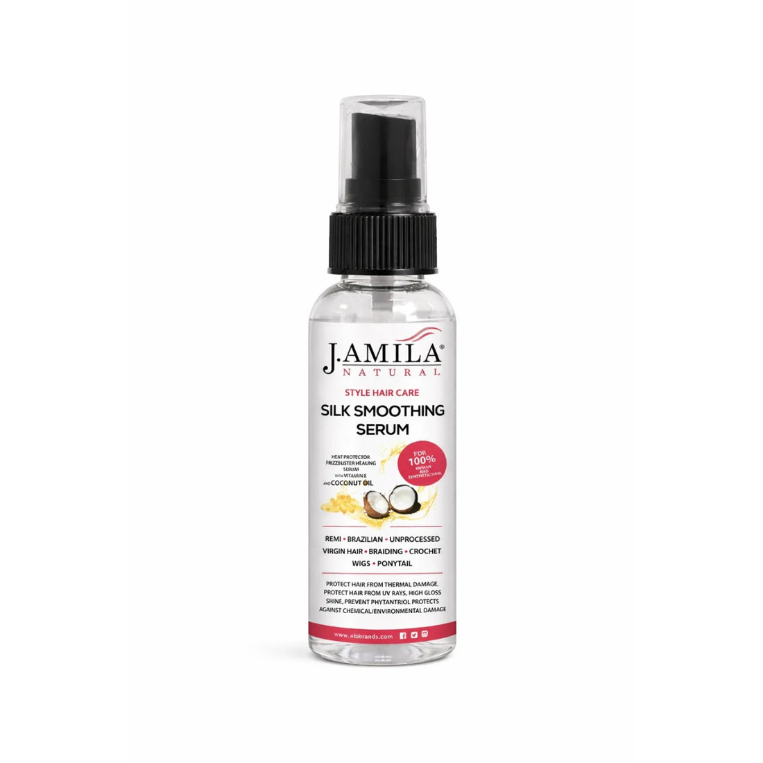 J. Amila Natural Silk Smoothing Serum with cocnut Oil – Heat Protectant, Frizz Control & High Gloss Shine for Natural Hair, Wigs & Extensions (2 oz / 59.2 ml)