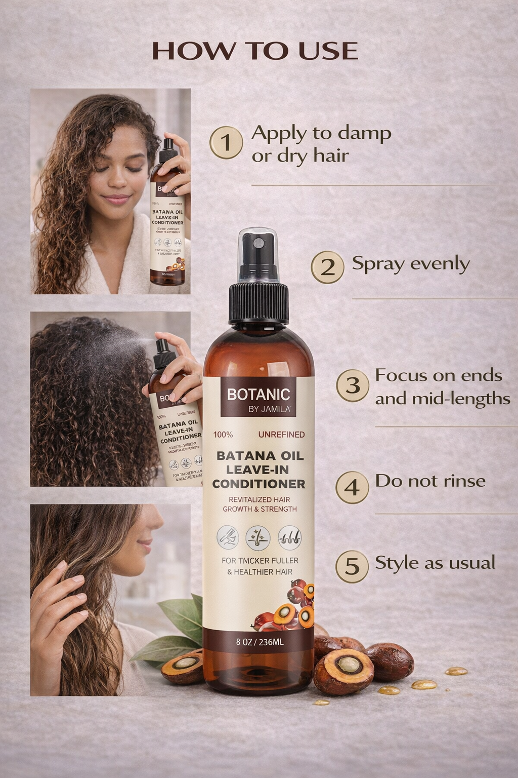 Botanic by J.Amila 100% Unrefined Batana Oil Leave-In Conditioner – Lightweight Moisture & Strength Spray 8 oz