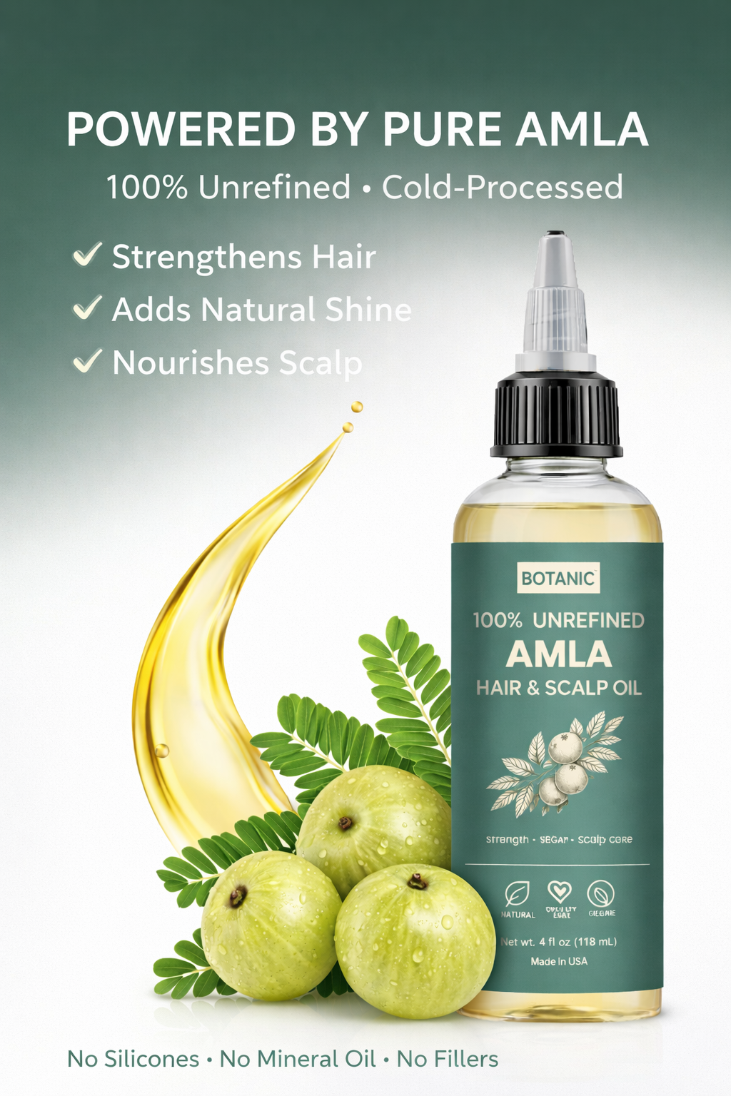 100% Unrefined Amla Hair & Scalp Oil – Natural Growth, Shine & Strength | Vegan, Cruelty-Free 4 fl oz (118 mL)