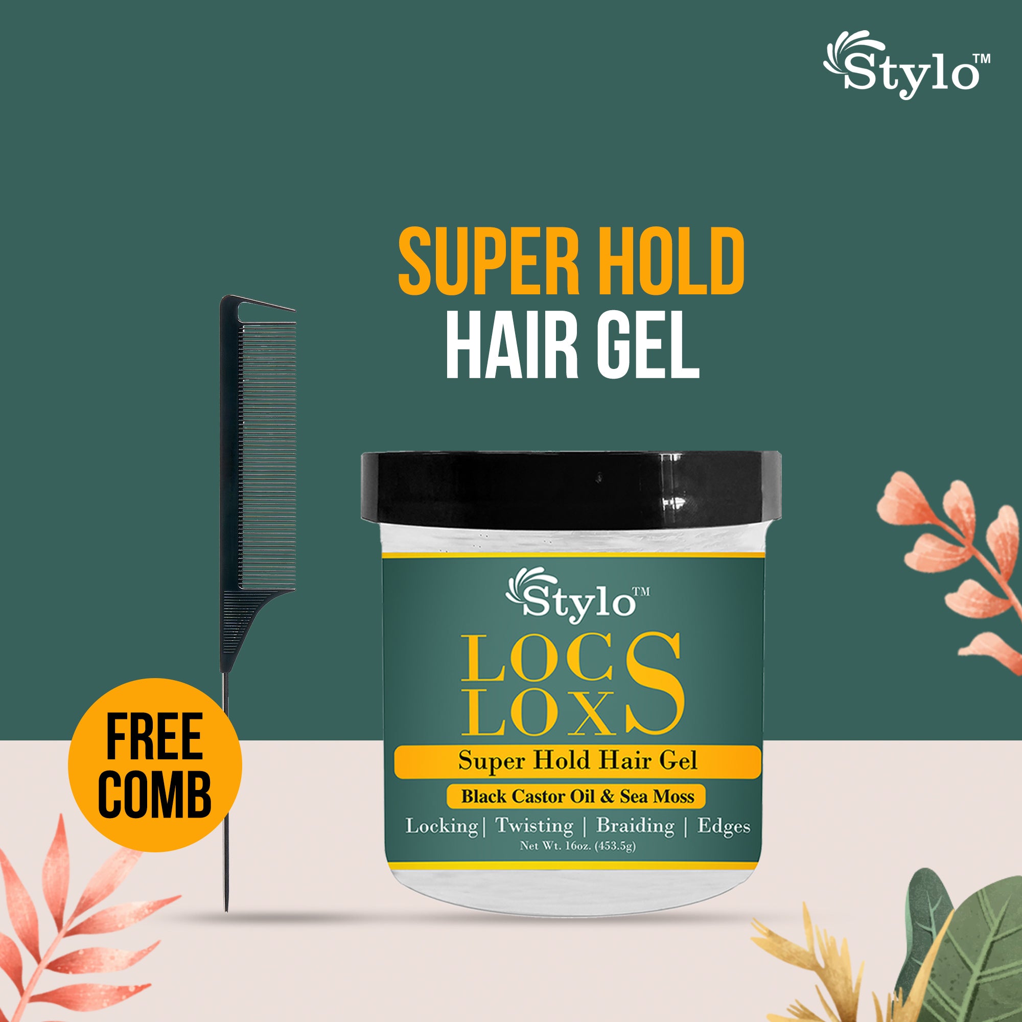 STYLO™ Locs Loxs Super Hold Hair Gel Black Castor Oil & Sea Moss with Free Comb 16oz