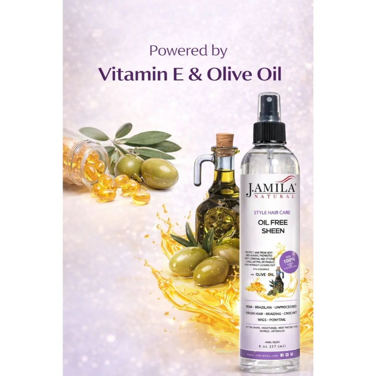 J. AMILA Natural Oil Free Sheen Spray with Vitamin E & Olive Oil – Lightweight Shine, Heat & UV Protection for Wigs, Braids & Natural Hair 8 oz 237 ml