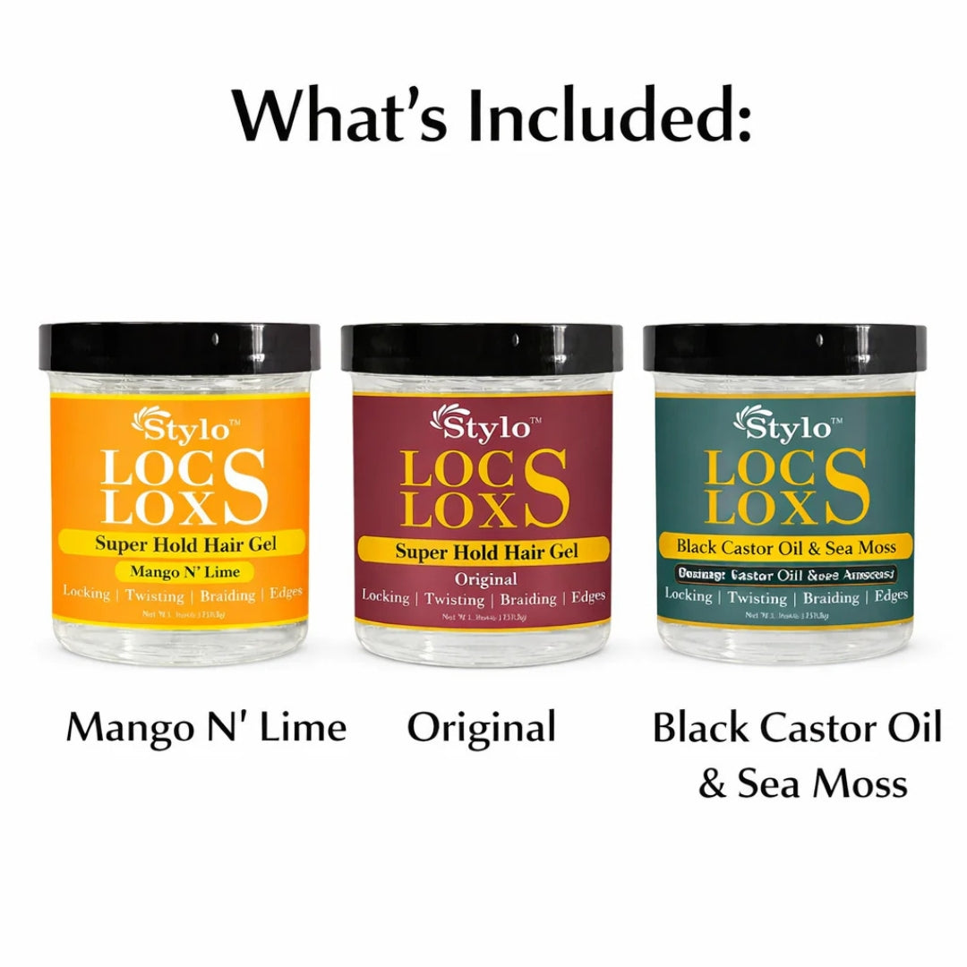 Stylo™ Locs Loxs Super Hold Hair Gel Locking, Twisting, Braiding & Edges
3 Pack 16oz
