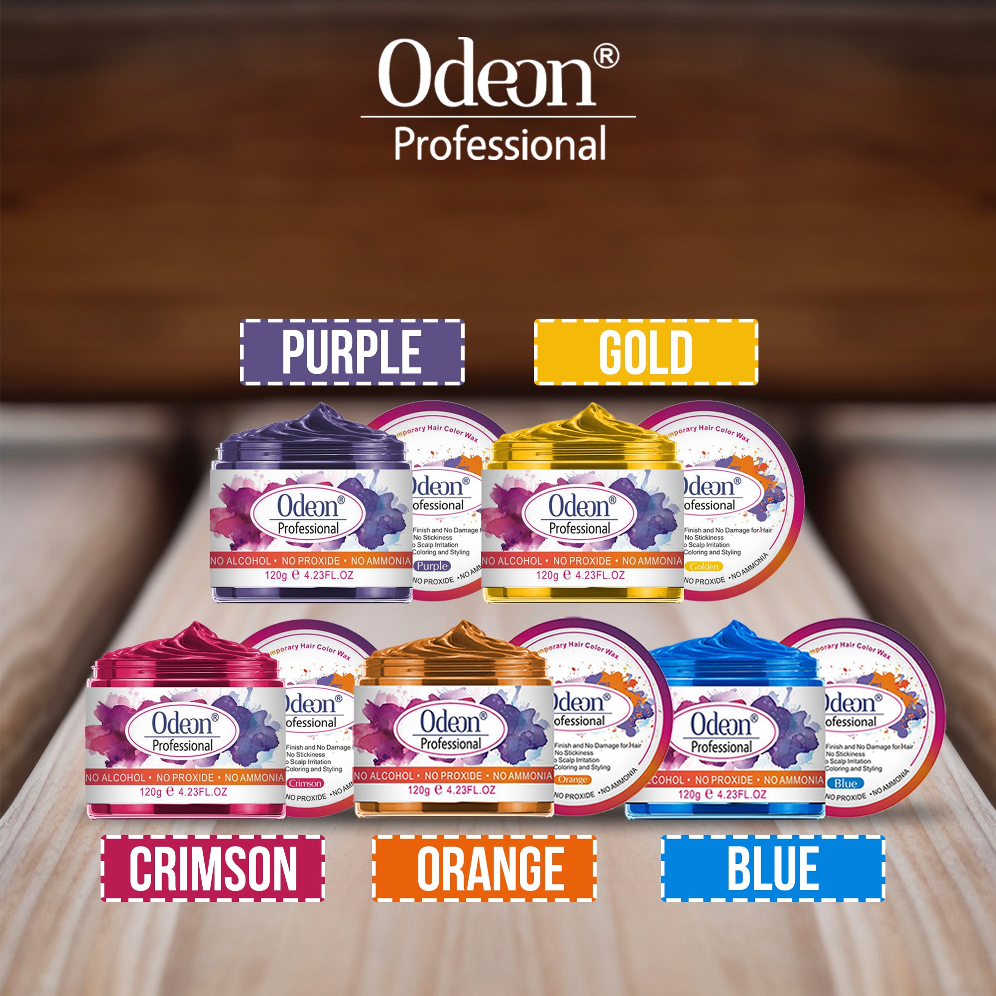 ODEON® Professional HAIR COLOR WAX Purple, Golden, Crimson, Orange and Blue Pack of 5 (4.23oz)