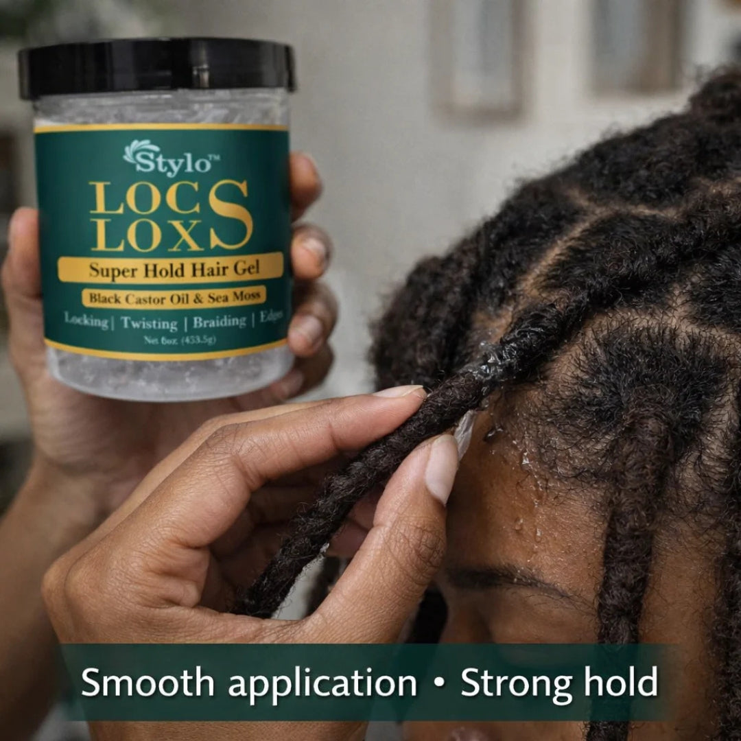 Stylo™ Locs Loxs Super Hold Hair Gel Locking, Twisting, Braiding & Edges Hold Hair Gel Black Castor Oil & Sea Moss 16oz