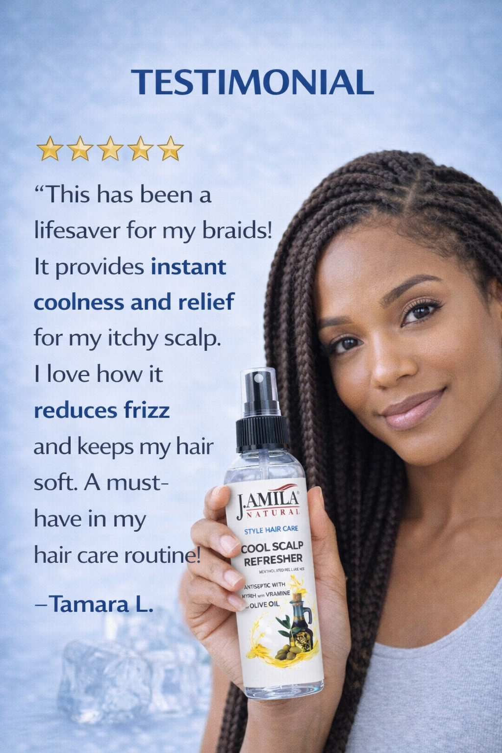 J. AMILA Natural Cool Scalp Refresher with Menthol, Myrrh, Vitamin E & Olive Oil – Cooling Scalp Spray for Braids, Wigs, Natural & Synthetic Hair (8 oz)