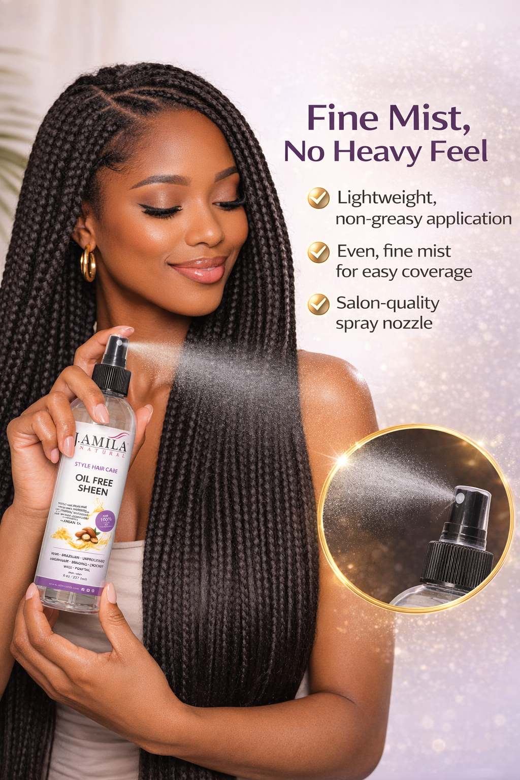 J. AMILA Natural Oil Free Sheen Spray with Vitamin E & Argan Oil – Lightweight Shine, Heat & UV Protection for Wigs, Braids & Natural Hair 8 oz 237 ml