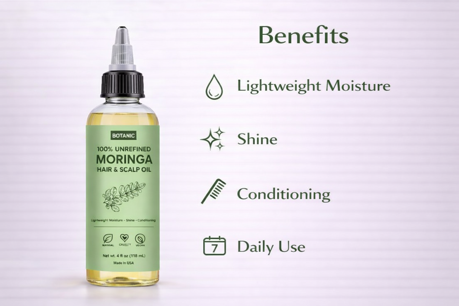 100% Unrefined Moringa Hair & Scalp Oil Lightweight Moisture, Shine & Conditioning | Vegan, Cruelty-Free 4 fl oz (118 mL)