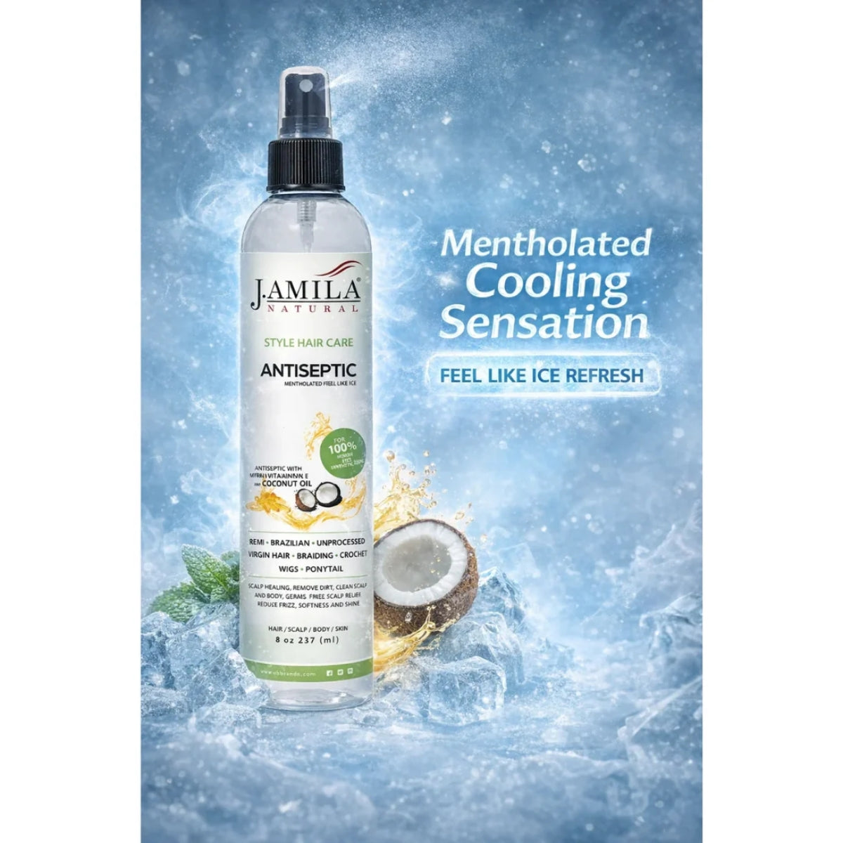 J. Amila Natural Antiseptic Spray with Coconut Oil – Mentholated Scalp Relief, Itch Control & Scalp Detox for Wigs, Braids & Natural Hair (8 oz / 237 ml)