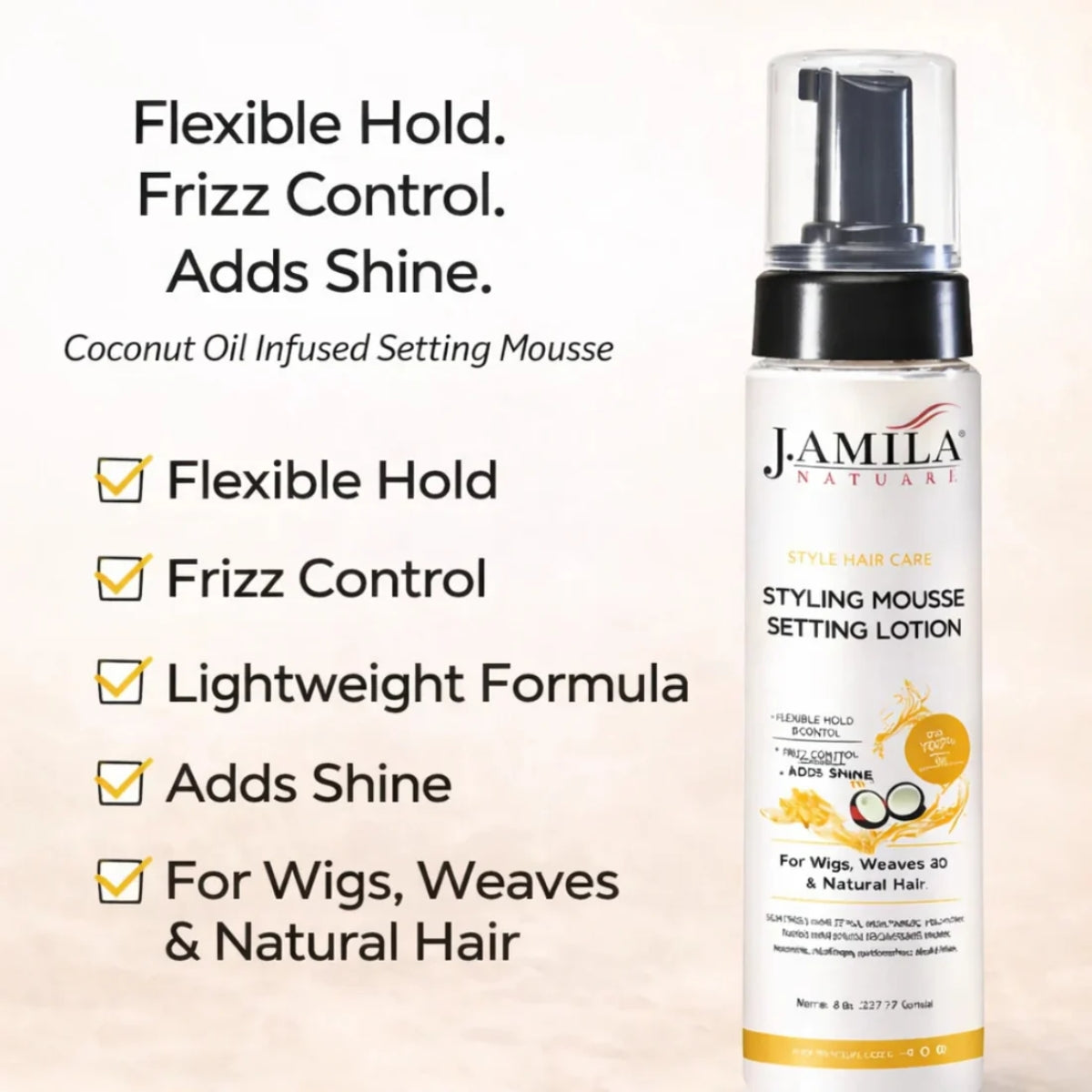 J. Amila Natural Styling Mousse Setting Lotion with Coconut Oil – Flexible Hold, Frizz Control & Shine – For Wigs, Weaves & Natural Hair (8oz)