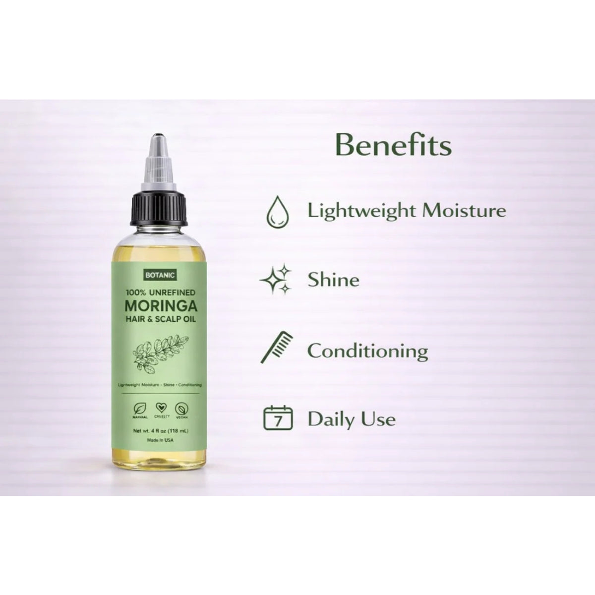 100% Unrefined Moringa Hair & Scalp Oil Lightweight Moisture, Shine & Conditioning | Vegan, Cruelty-Free 4 fl oz (118 mL)