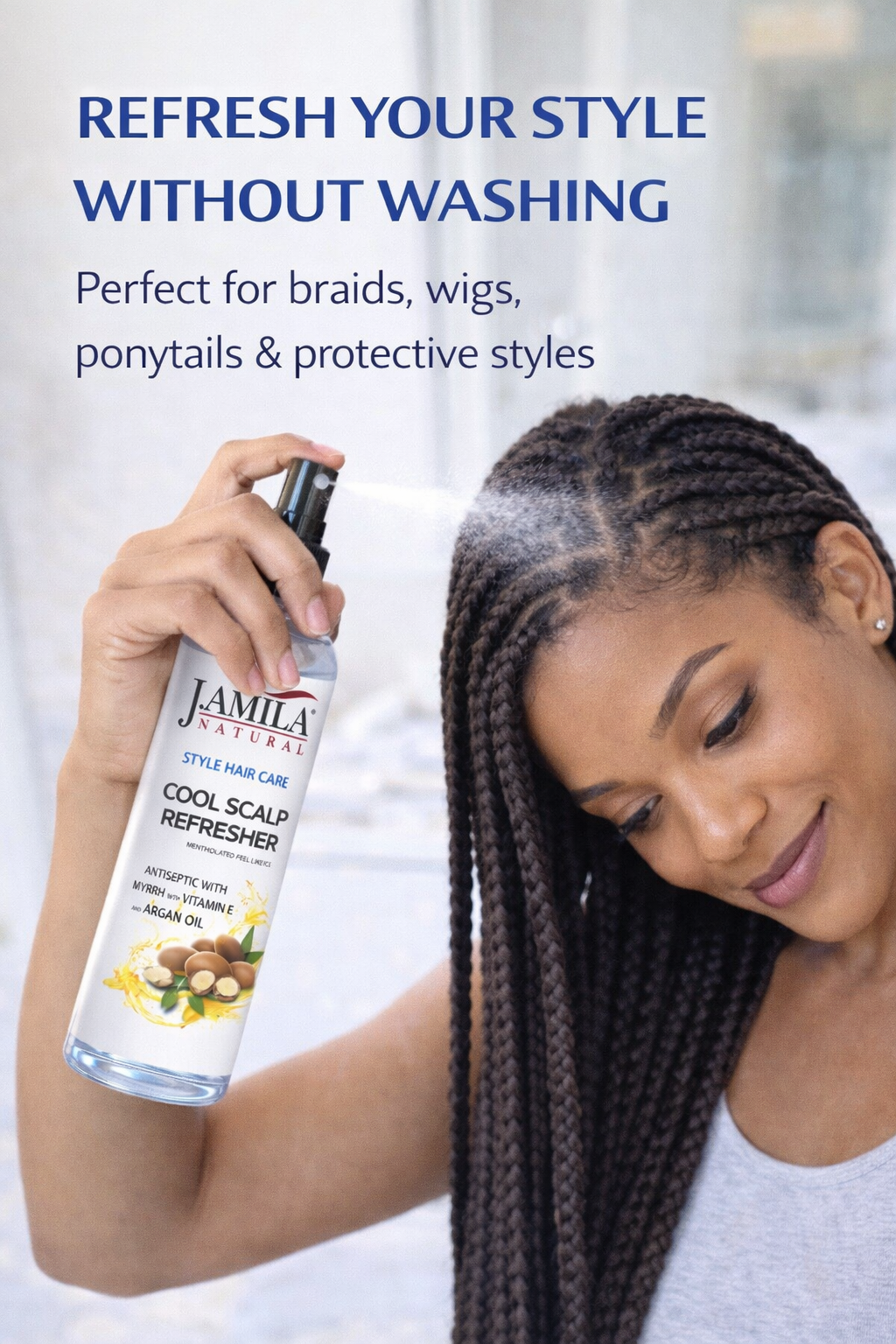 J. AMILA Natural Cool Scalp Refresher with Menthol, Myrrh, Vitamin E & Argan Oil – Cooling Scalp Spray for Braids, Wigs, Natural & Synthetic Hair (8 oz)