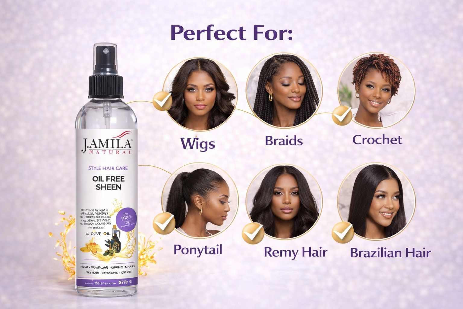 J. AMILA Natural Oil Free Sheen Spray with Vitamin E & Olive Oil – Lightweight Shine, Heat & UV Protection for Wigs, Braids & Natural Hair 8 oz 237 ml