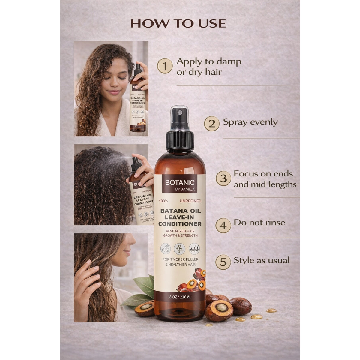 Botanic 100% Unrefined Batana Oil Leave-In Conditioner – Lightweight Moisture & Strength Spray 8 oz