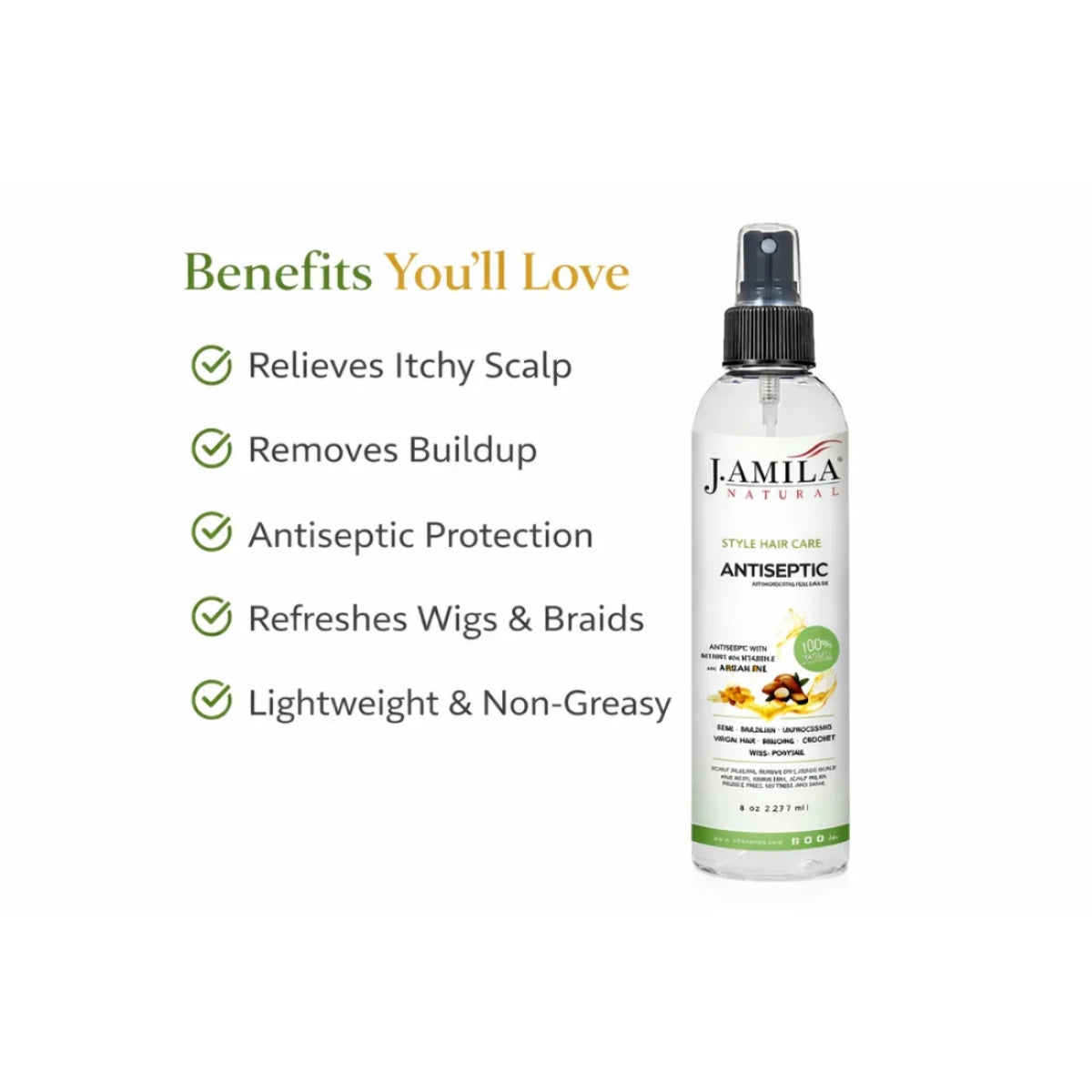 J. Amila Natural Antiseptic Spray with Argan Oil & Myrrh – Scalp Relief, Itch Control & Cleanse for Wigs, Braids & Natural Hair (8 oz / 237 ml)
