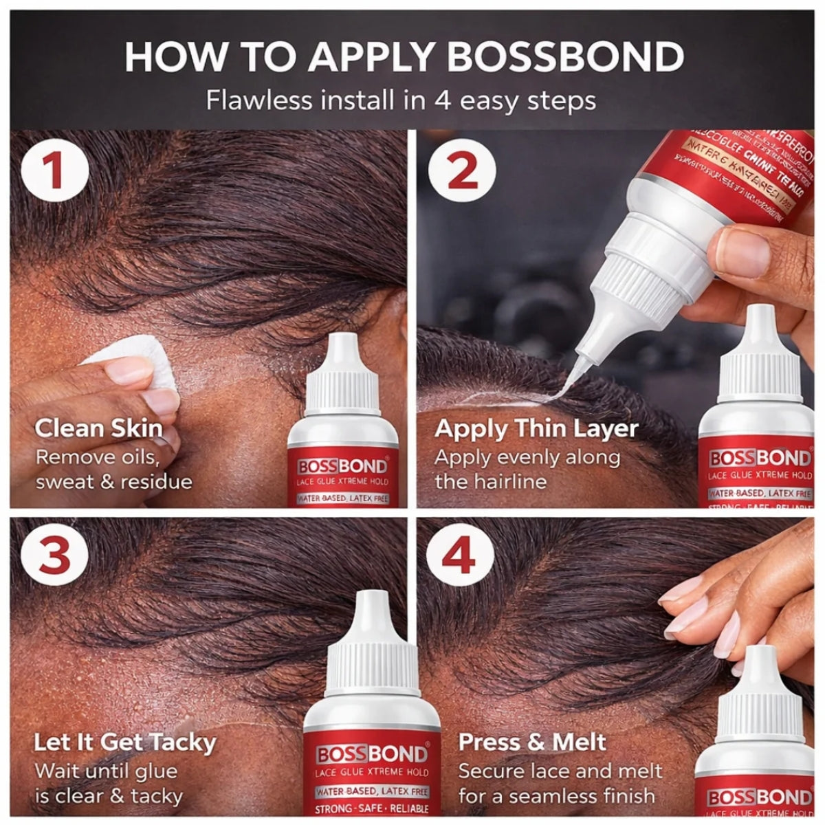 BossBond Lace Glue Extra Hold Water-Based, Latex-Free Wig & Lace Adhesive 1.3 Oz