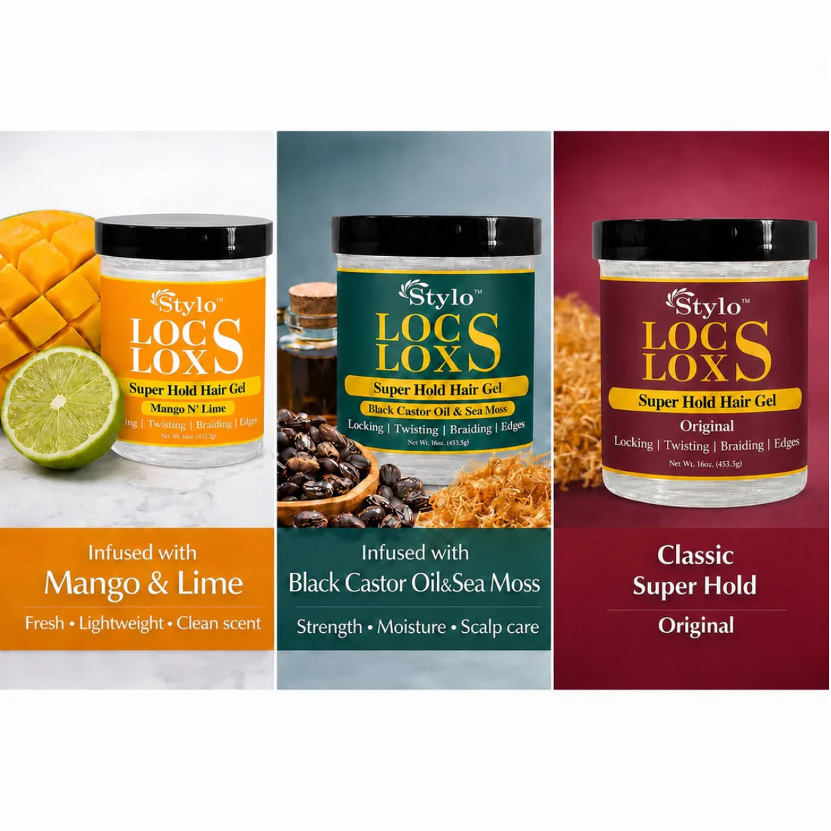 Stylo™ Locs Loxs Super Hold Hair Gel Locking, Twisting, Braiding & Edges
3 Pack 16oz