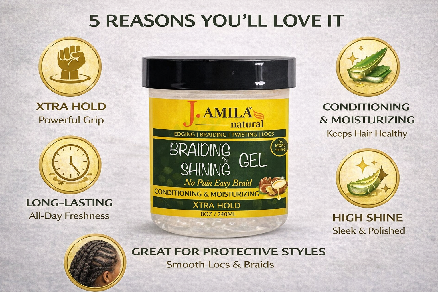 Jamila Natural Award-Winning Braiding ’N Shining Gel – Xtra Hold (8oz / 240ml)