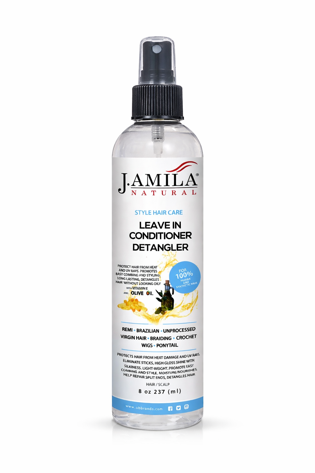 J. AMILA Natural Leave-In Conditioner & Detangler Spray with Vitamin E & Olive Oil – Heat & UV Protection for Wigs, Braids, Natural & Synthetic Hair (8 oz)