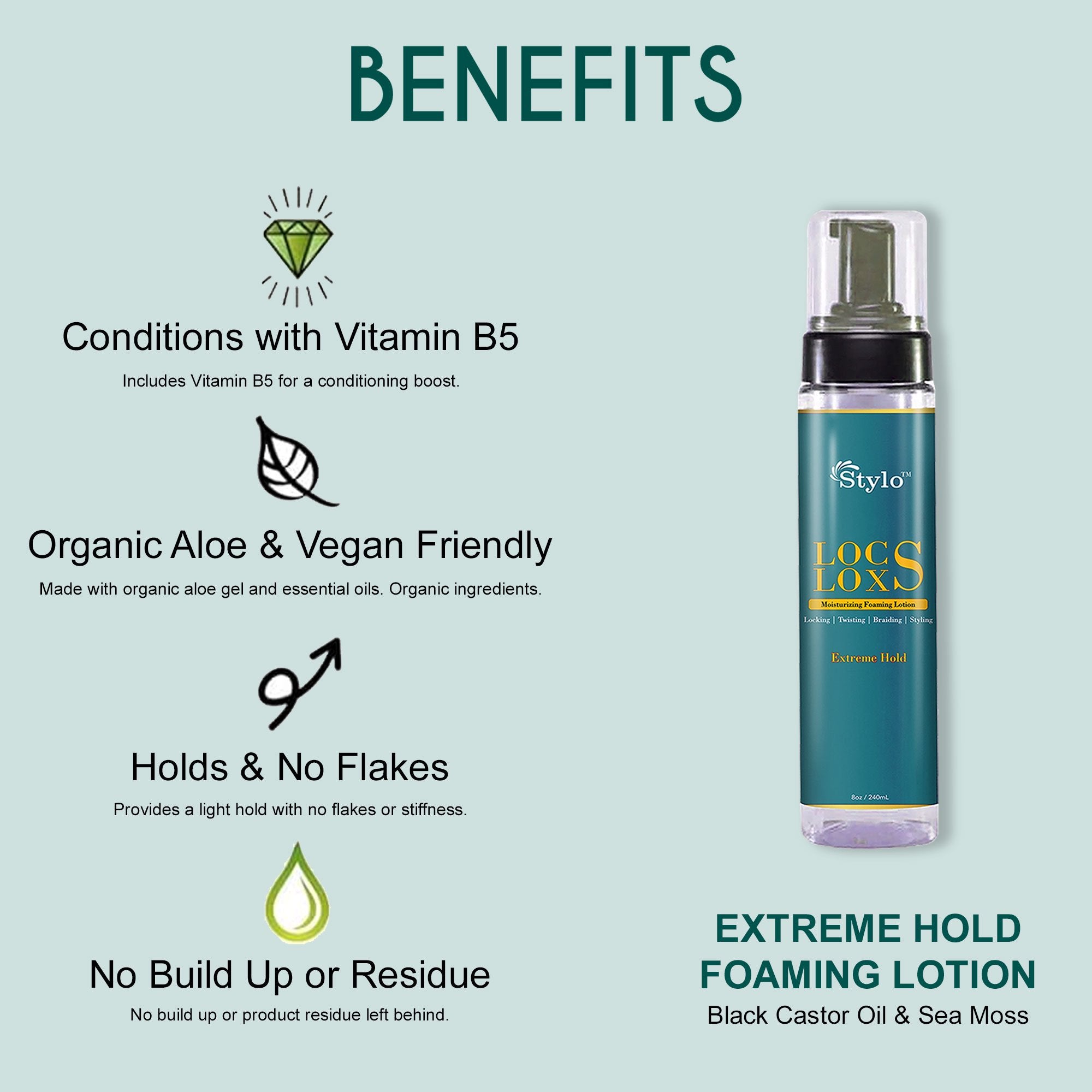 Stylo™ Locs Loxs Extreme Hold Foaming Lotion Locking, Twisting, Braiding & Styling Mousse – Flake-Free Frizz Control 8oz / 240mL