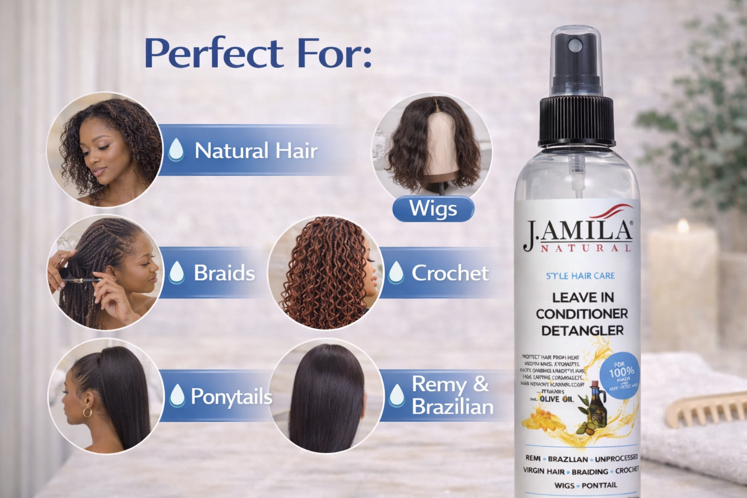 J. AMILA Natural Leave-In Conditioner & Detangler Spray with Vitamin E & Olive Oil – Heat & UV Protection for Wigs, Braids, Natural & Synthetic Hair (8 oz)