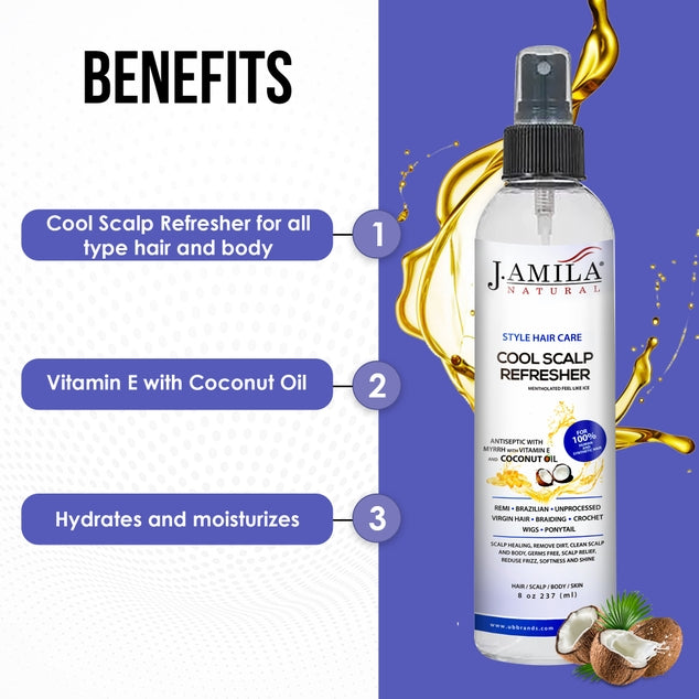 J. AMILA Natural Hair Care Cool Scalp Refresher Scalp Healing, Remove Dirt, Clean Scalp & Body, Reduce Frizz, Softness and Shine with Vitamin E & Coconut Oil 8 oz