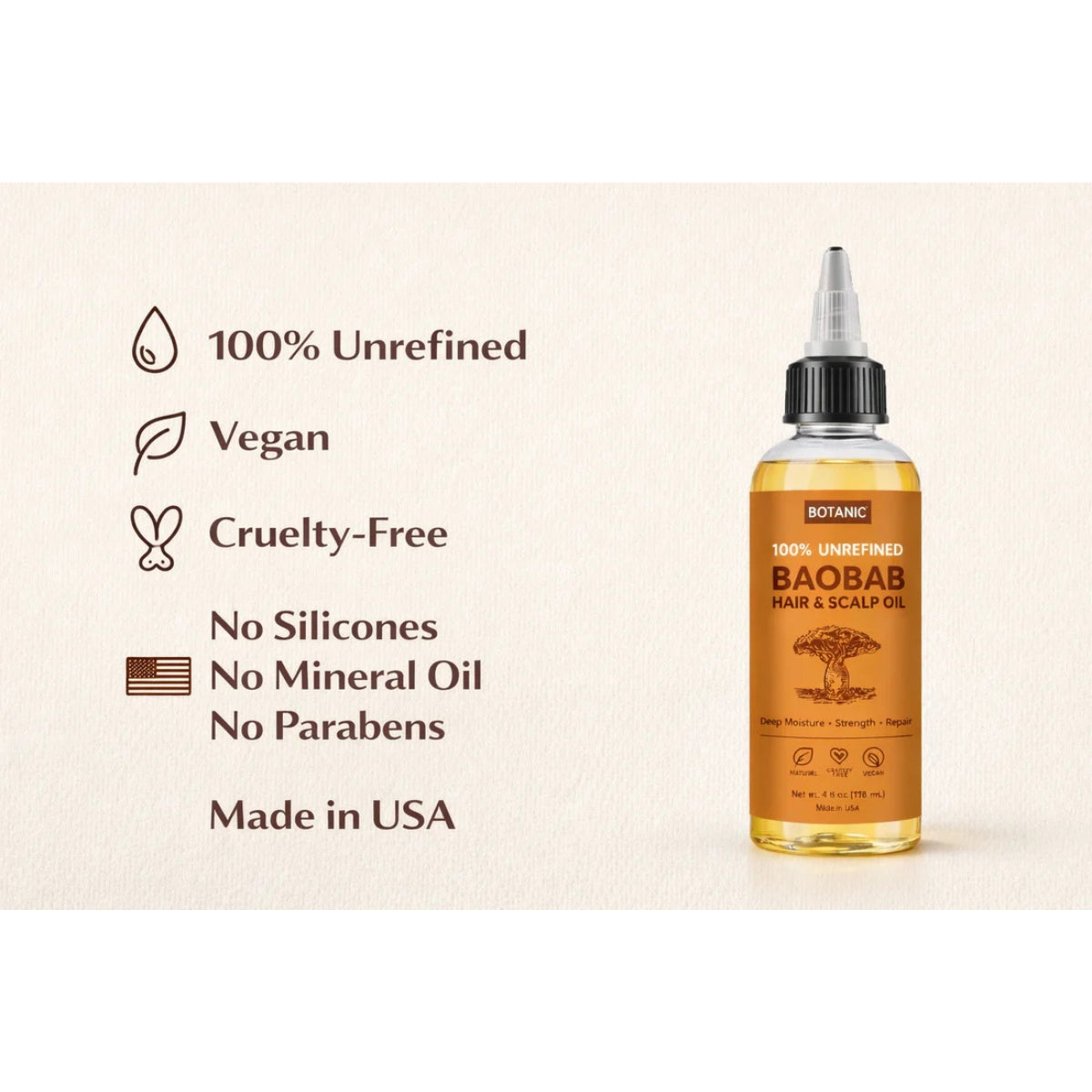 100% Unrefined Baobab Hair & Scalp Oil – Deep Moisture, Strength & Repair | Vegan, Cruelty-Free 4 fl oz (118 mL)