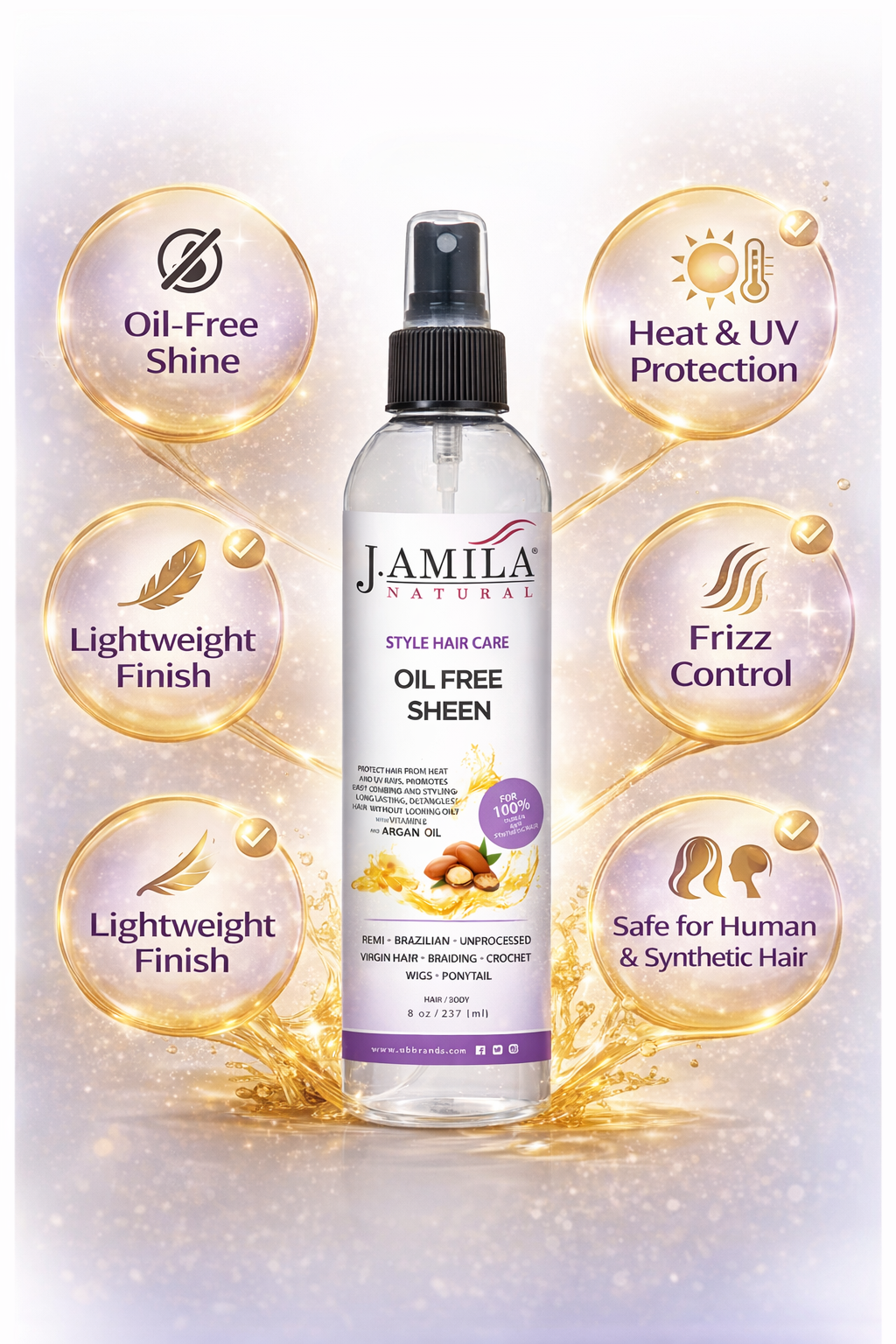 J. AMILA Natural Oil Free Sheen Spray with Vitamin E & Argan Oil – Lightweight Shine, Heat & UV Protection for Wigs, Braids & Natural Hair 8 oz 237 ml