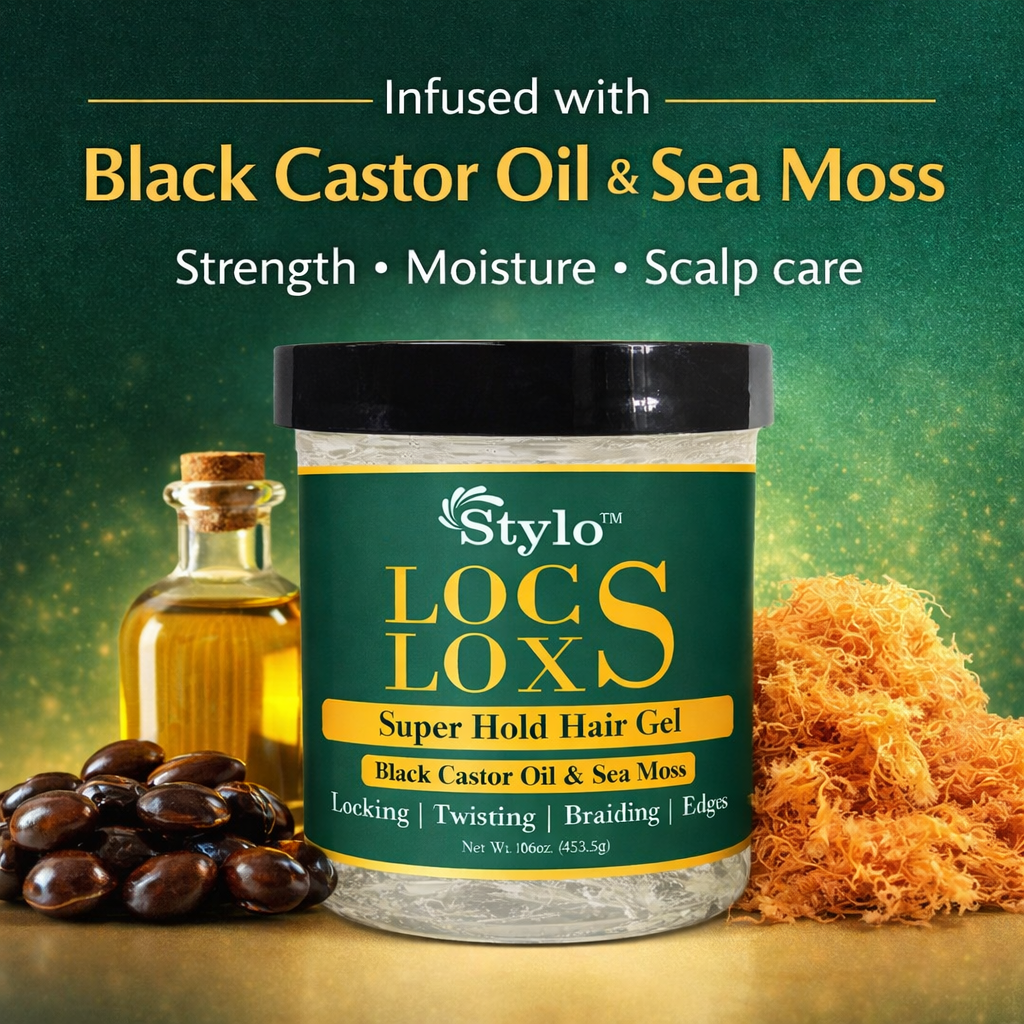Stylo™ Locs Loxs Super Hold Hair Gel Locking, Twisting, Braiding & Edges Hold Hair Gel Black Castor Oil & Sea Moss 16oz