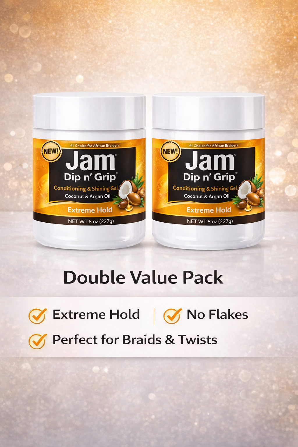 Jam Dip n’ Grip Extreme Hold Hair Gel – Conditioning & Shining Gel with Coconut & Argan Oil Pack of 2 8oz
