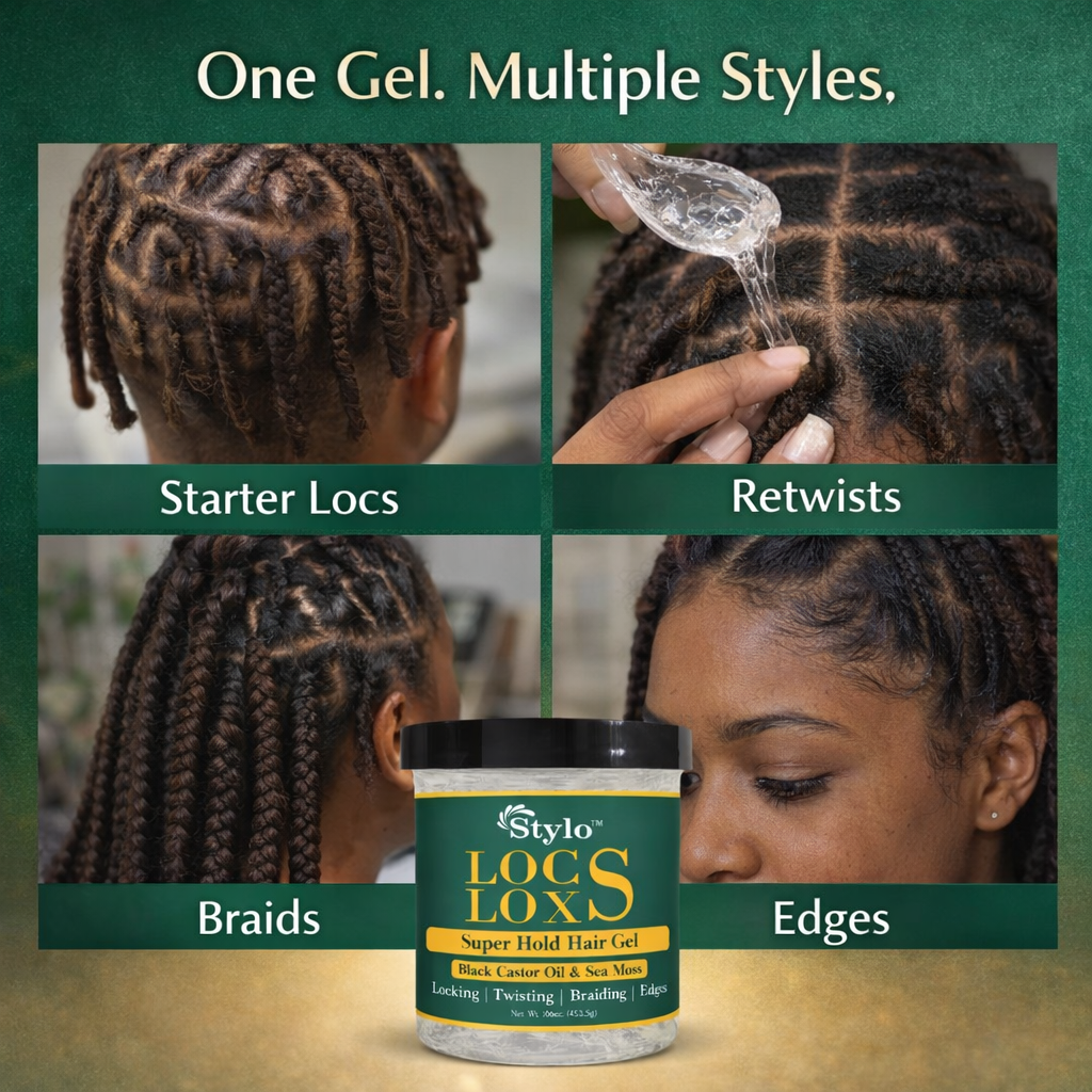 Stylo™ Locs Loxs Super Hold Hair Gel Locking, Twisting, Braiding & Edges Hold Hair Gel Black Castor Oil & Sea Moss 16oz
