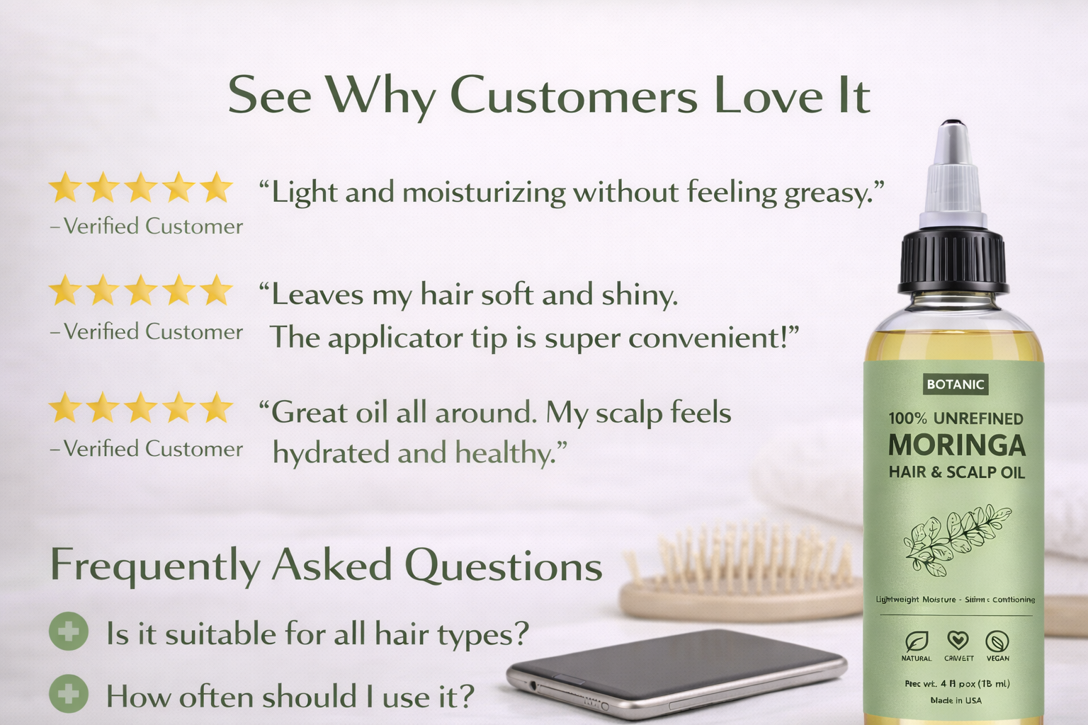 100% Unrefined Moringa Hair & Scalp Oil Lightweight Moisture, Shine & Conditioning | Vegan, Cruelty-Free 4 fl oz (118 mL)