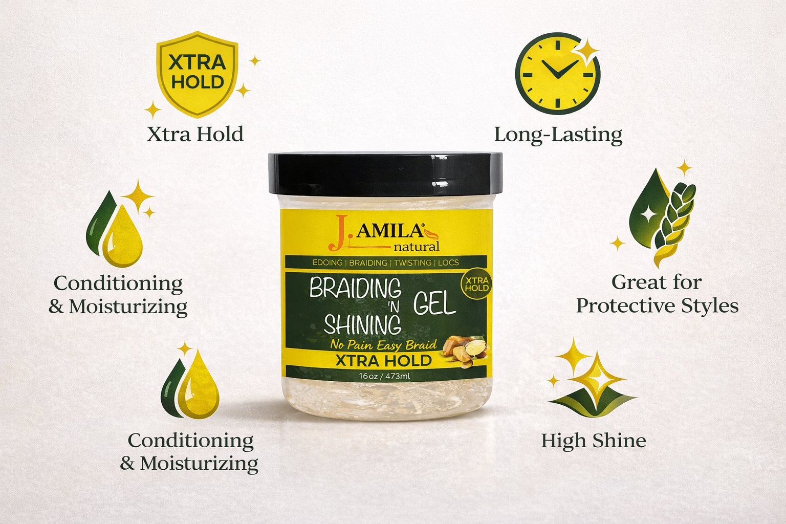 Jamila Natural Award-Winning Braiding ’N Shining Gel – Xtra Hold (16oz / 473ml)