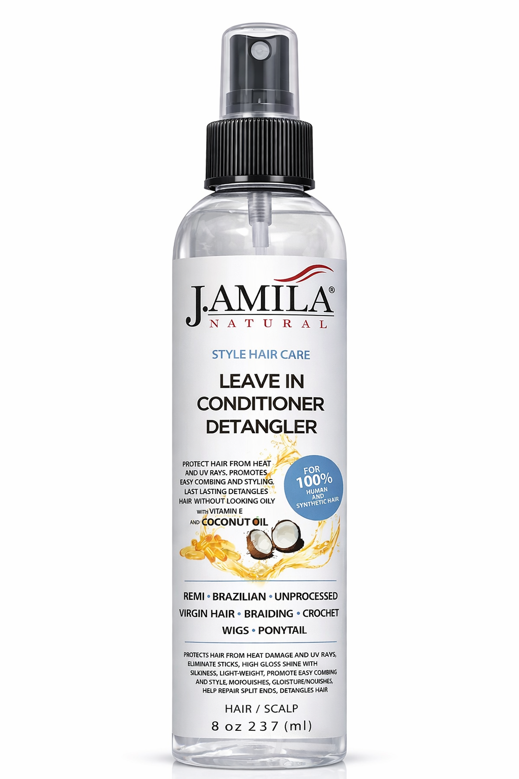 J. AMILA Natural Leave-In Conditioner & Detangler with Vitamin E & Coconut Oil – Heat & UV Protection for Natural, Wigs, Braids & Synthetic Hair (8 oz)