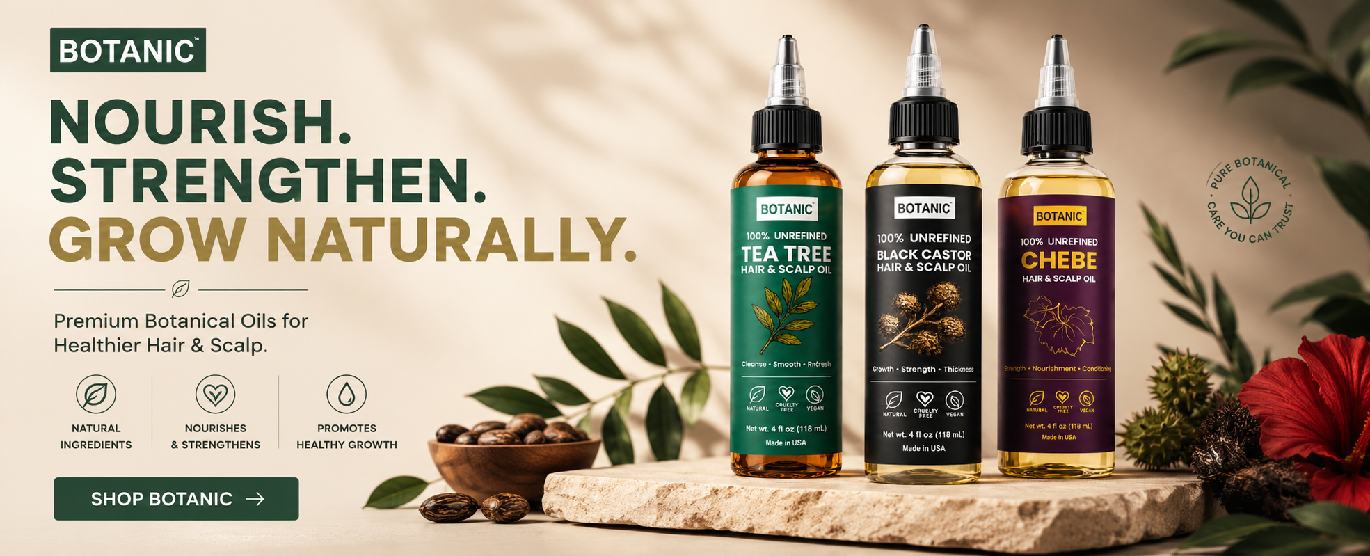 Three bottles of Botanic hair care products with text 'Nourish. Strengthen. Grow Naturally.' on a natural background.