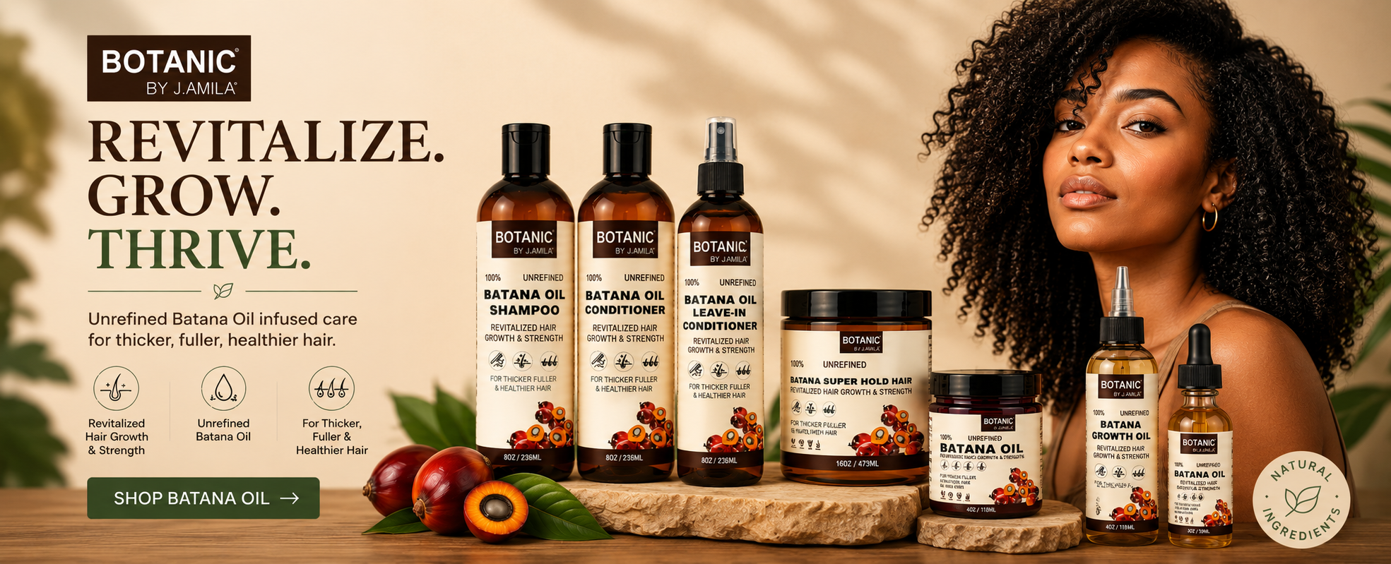 Botanic by Jamie hair care products with a woman and botanical elements on a beige background