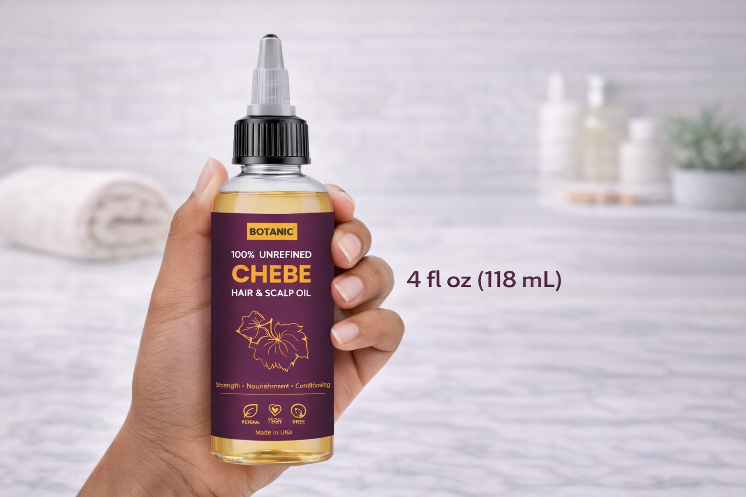 100% Unrefined Chebe Hair & Scalp Oil – Strength, Nourishment & Moisture Retention | Vegan, Cruelty-Free 4 fl oz (118 mL)
